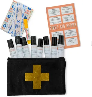 Healing Happy Herbal First Aid Kit - Natural Wellness Remedy Kit with Eucalyptus, Lavender & Peppermint - 7 Roller Bottles, Activated Charcoal & 10 Bandages - Soothing Relief for Everyday Discomfort