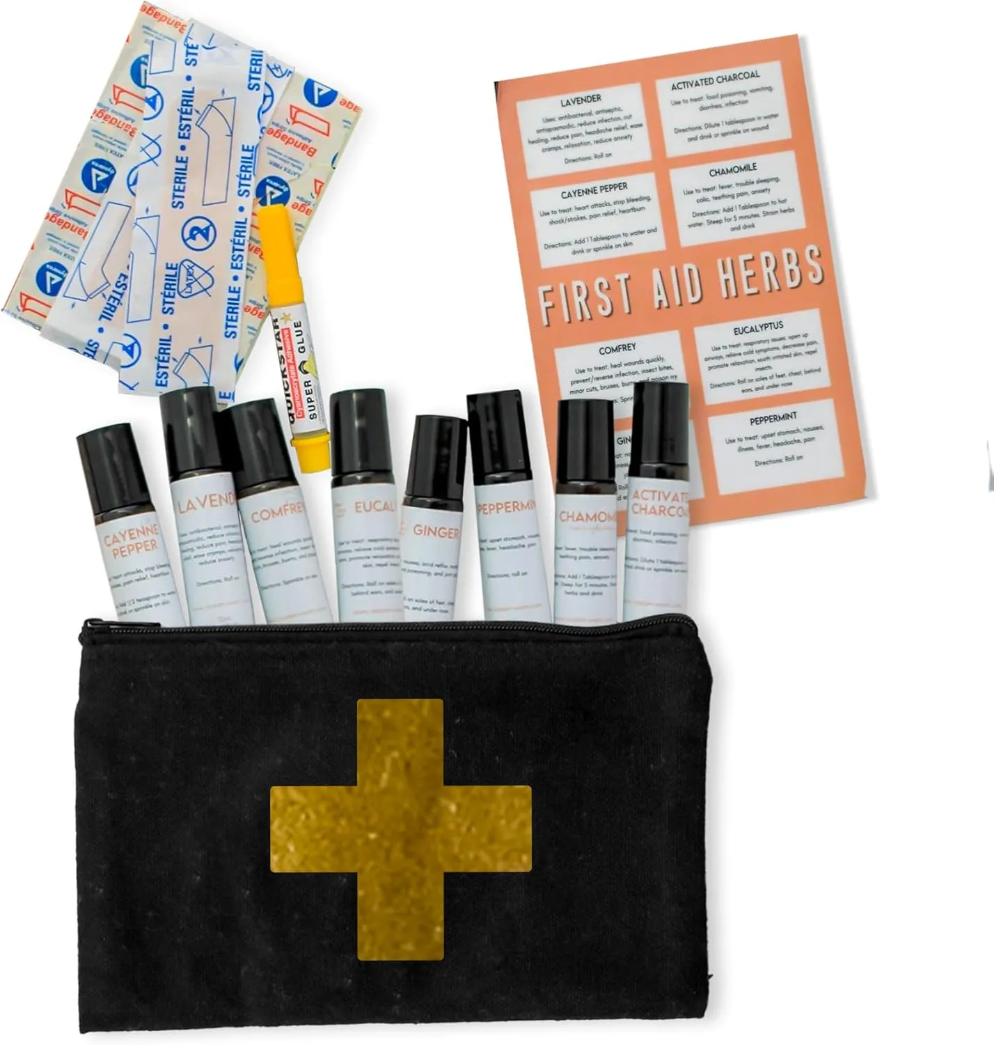 Healing Happy Herbal First Aid Kit - Natural Wellness Remedy Kit with Eucalyptus, Lavender & Peppermint - 7 Roller Bottles, Activated Charcoal & 10 Bandages - Soothing Relief for Everyday Discomfort