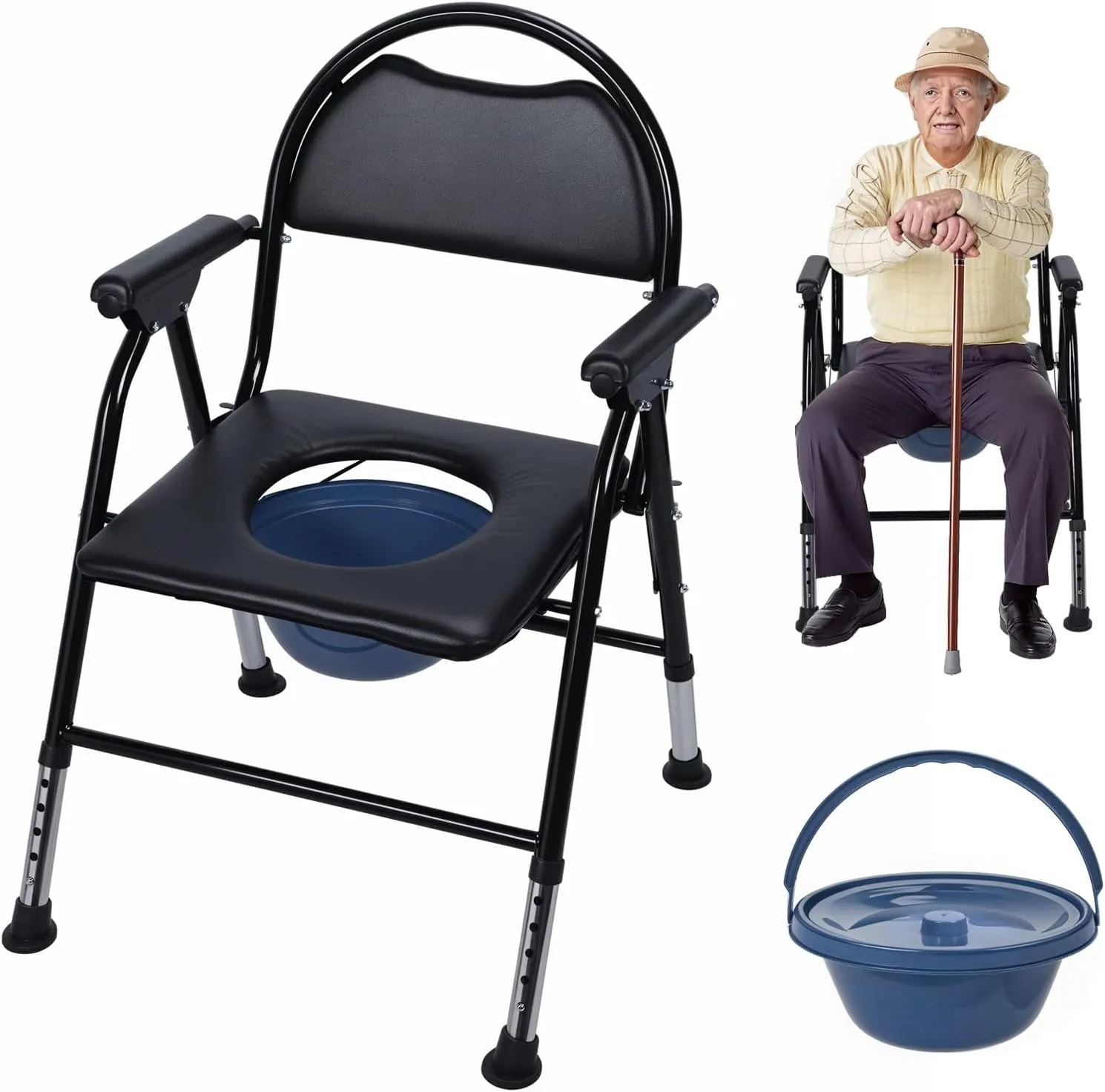 Heavy Duty Folding Bedside Commode Chair - 17" Extra Wide Seat & 330lb Capacity, Adjustable Shower Commode for Elderly & Disabled, Portable Toilet Chair with Removable Bucket ﻿ ﻿