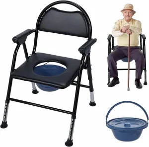 Heavy Duty Folding Bedside Commode Chair - 17" Extra Wide Seat & 330lb Capacity, Adjustable Shower Commode for Elderly & Disabled, Portable Toilet Chair with Removable Bucket ﻿ ﻿