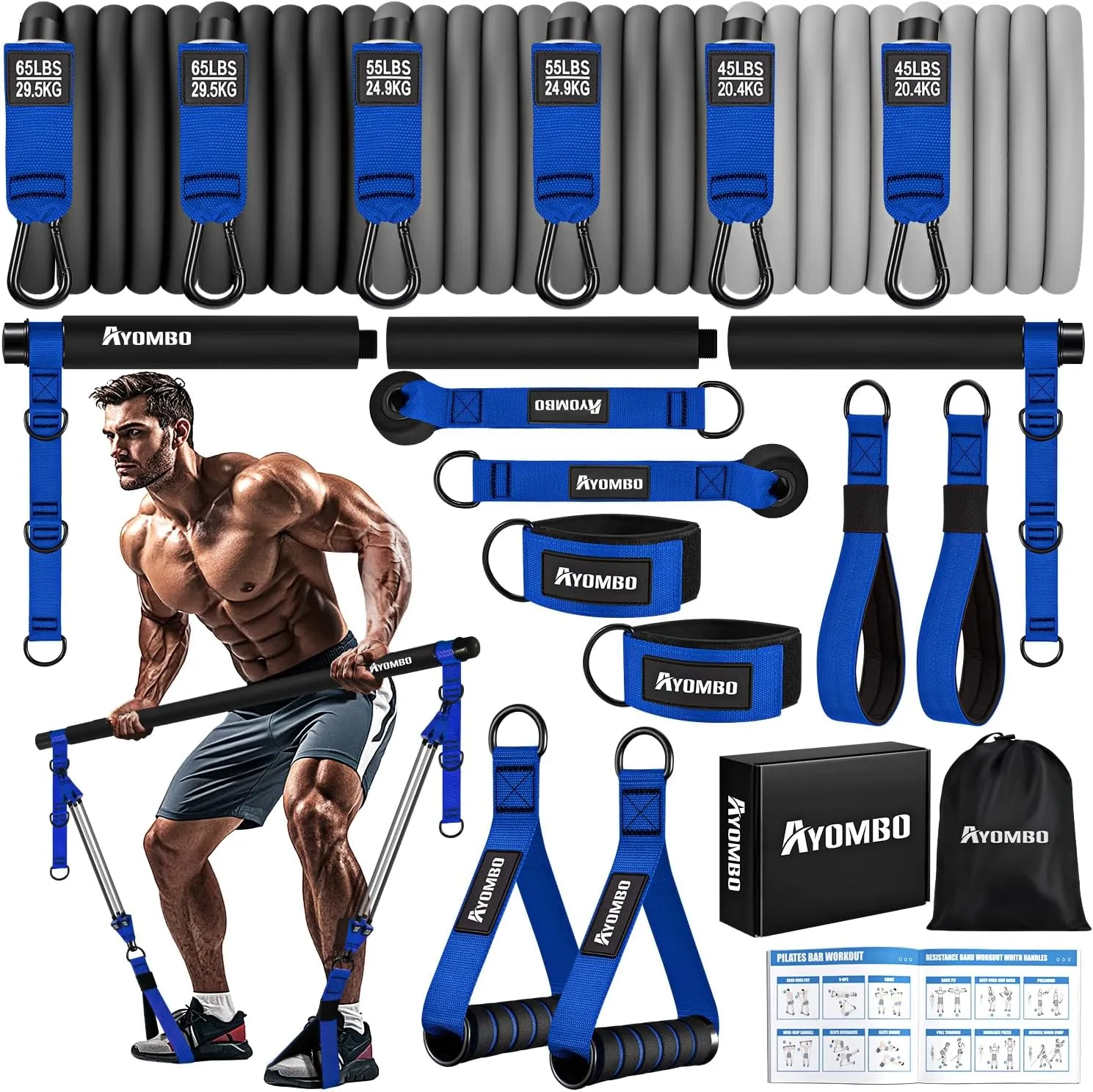 Heavy Duty Pilates Equipment, Pilates Bar Kit with Resistance Bands for Men, Adjustable Home Gym Set for Full Body Workout, Strength Training for Legs Waist Back Abs Arms, Includes Storage Bag