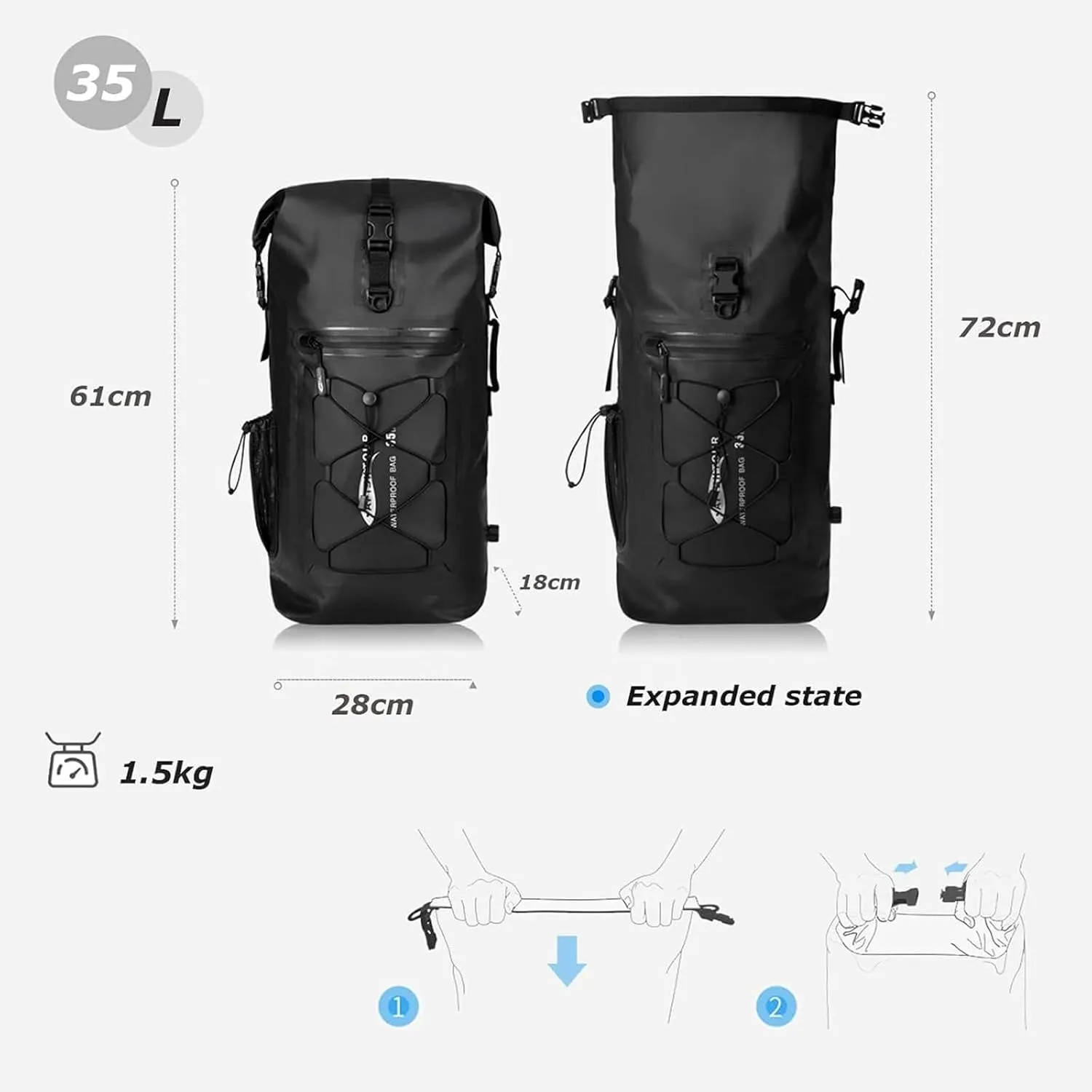 Heavy Duty Waterproof Dry Bag Backpack, 35L Roll-Top Floating Dry Bag Backpack for Kayaking, Rafting, Boating(Black)