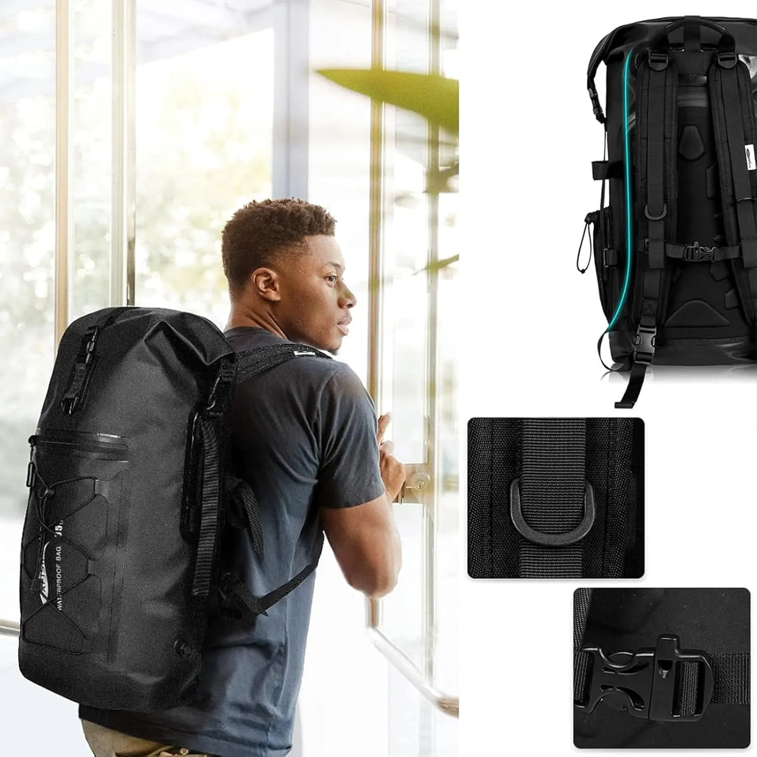 Heavy Duty Waterproof Dry Bag Backpack, 35L Roll-Top Floating Dry Bag Backpack for Kayaking, Rafting, Boating(Black)