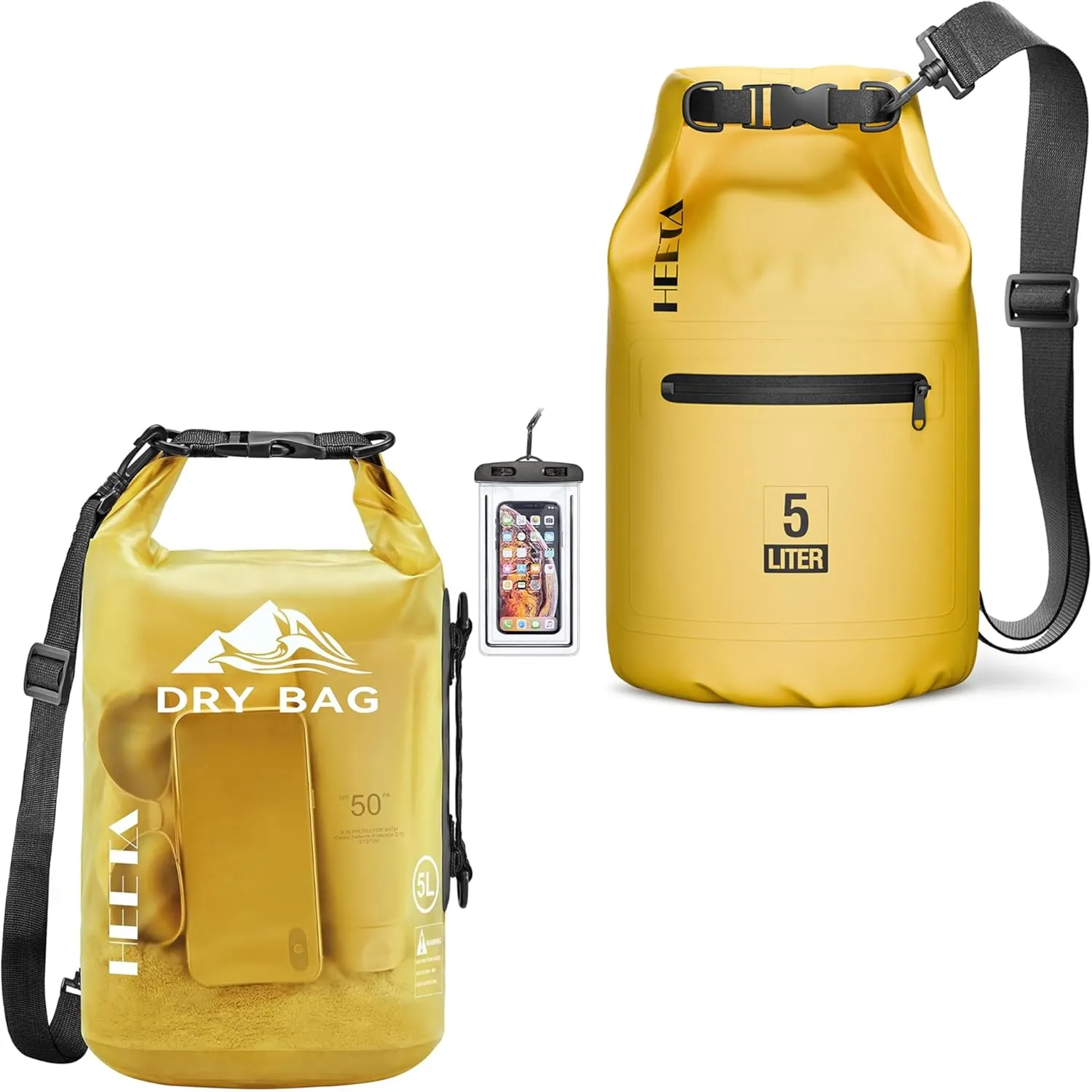 HEETA Waterproof Dry Bag with Phone Case Bundled with Upgraded Dry Bag with Zippered Pocket for Women & Men, Roll Top Lightweight Dry Storage Bag Backpack for Kayaking, Boating, Camping (Yellow 5L)