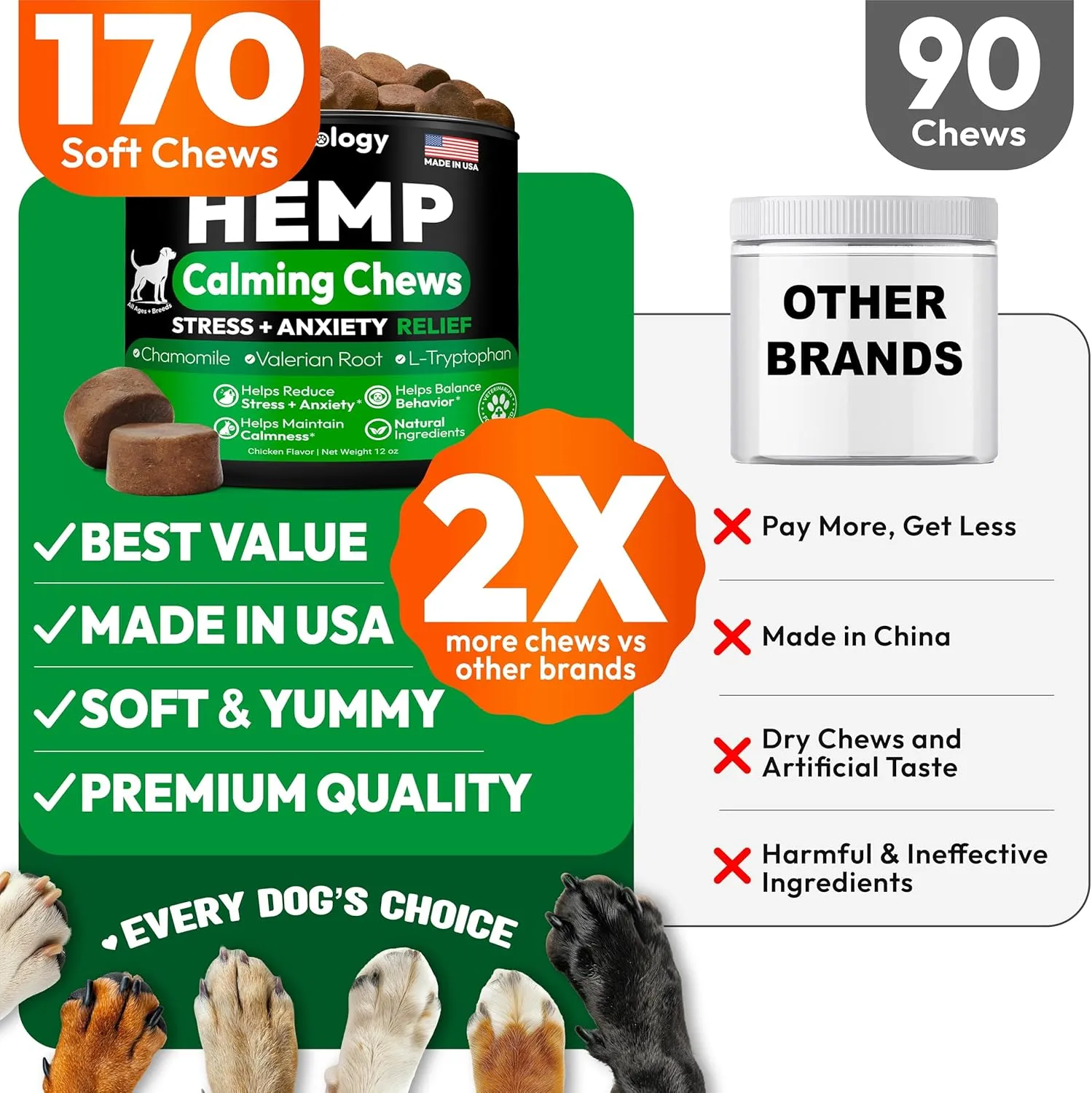 Hemp Calming Chews for Dogs - 170 Dog Calming Chews - Anxiety Relief Treats - Advanced Stress Relief, Separation Aid, Barking, Thunder, Fireworks, Melatonin - Pet Supplement - Made in USA
