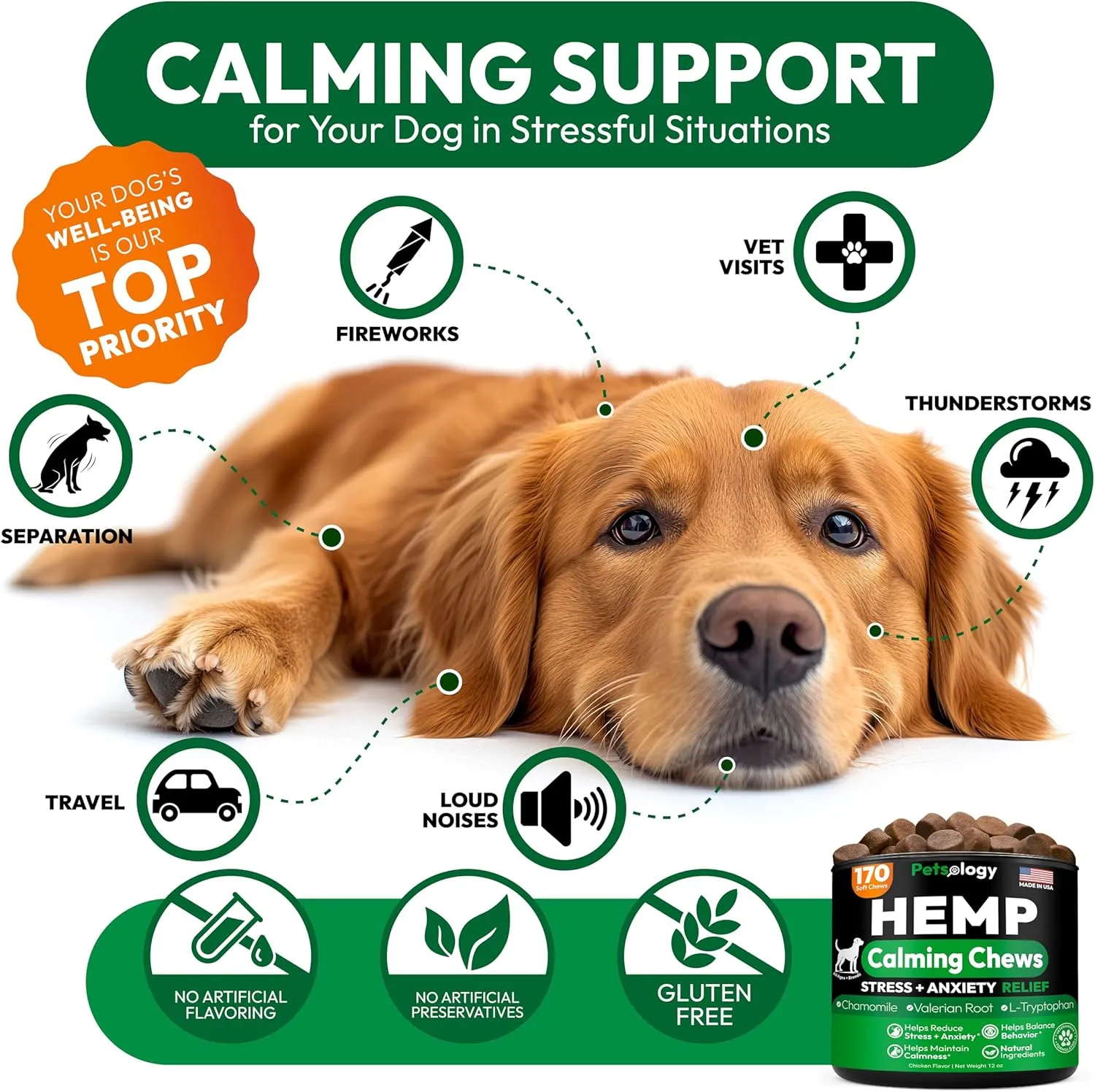 Hemp Calming Chews for Dogs - 170 Dog Calming Chews - Anxiety Relief Treats - Advanced Stress Relief, Separation Aid, Barking, Thunder, Fireworks, Melatonin - Pet Supplement - Made in USA