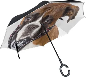 hengpai Dogs Boxer Handkerchief Neck Gray Reverse Inverted Inside Out Umbrella Cars Unigue Windproof UV Proof Double Layer for Women