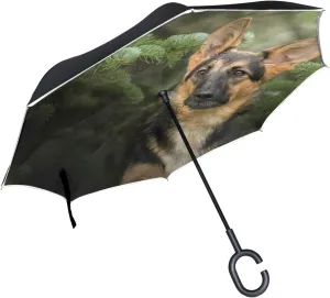 hengpai Reverse Inverted Inside Out Umbrella Cars Dogs German Shepherd Spruce Branches Unigue Windproof UV Proof Double Layer for Women
