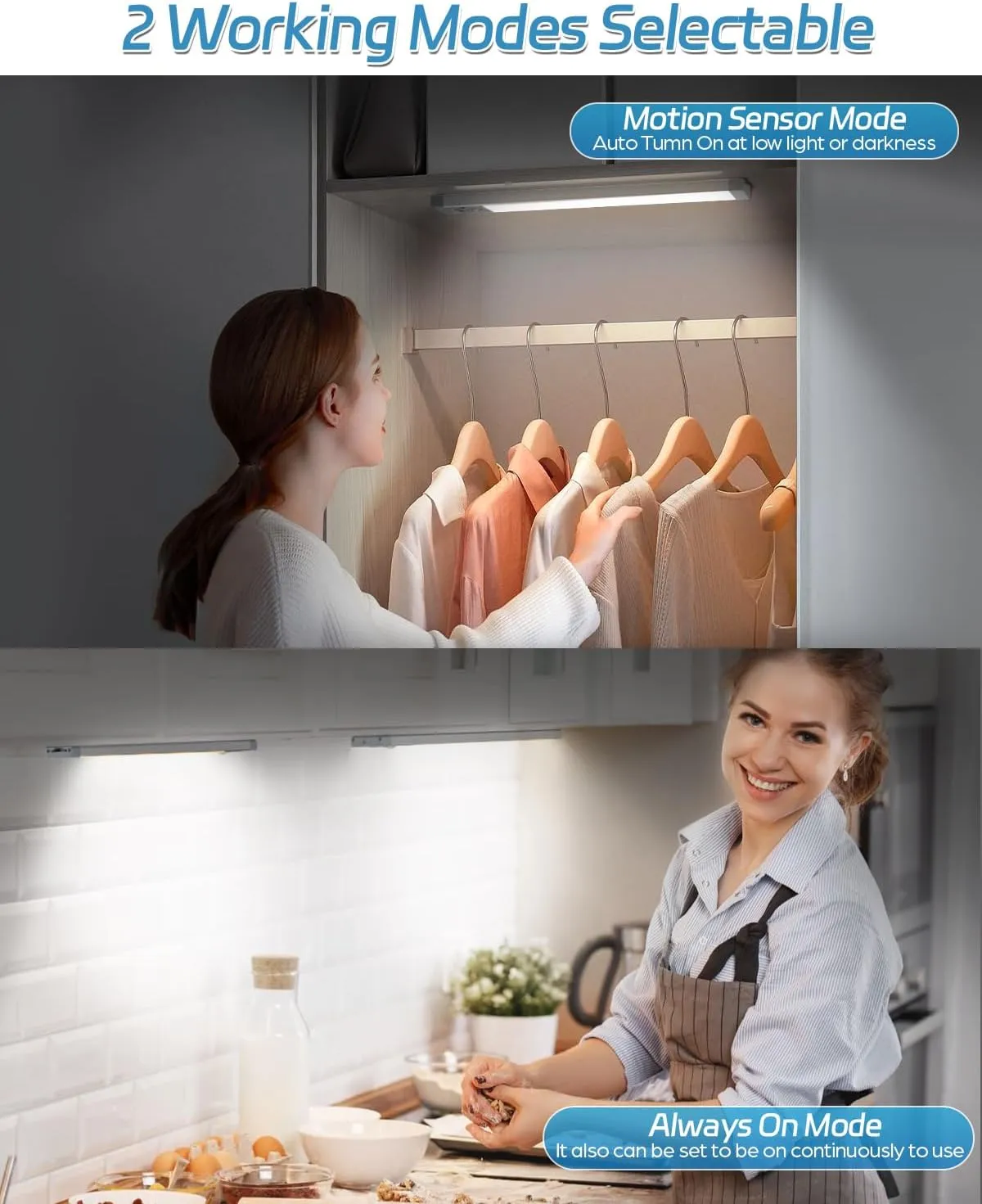 HIBOITEC Under Cabinet Lighting Rechargeable Closet Lights Wireless Motion Sensor Light Indoor, 50 LED Dimmable Magnetic Under Counter Light for Kitchen, Pantry, 2 Pack, Cool White Light, 10 inch
