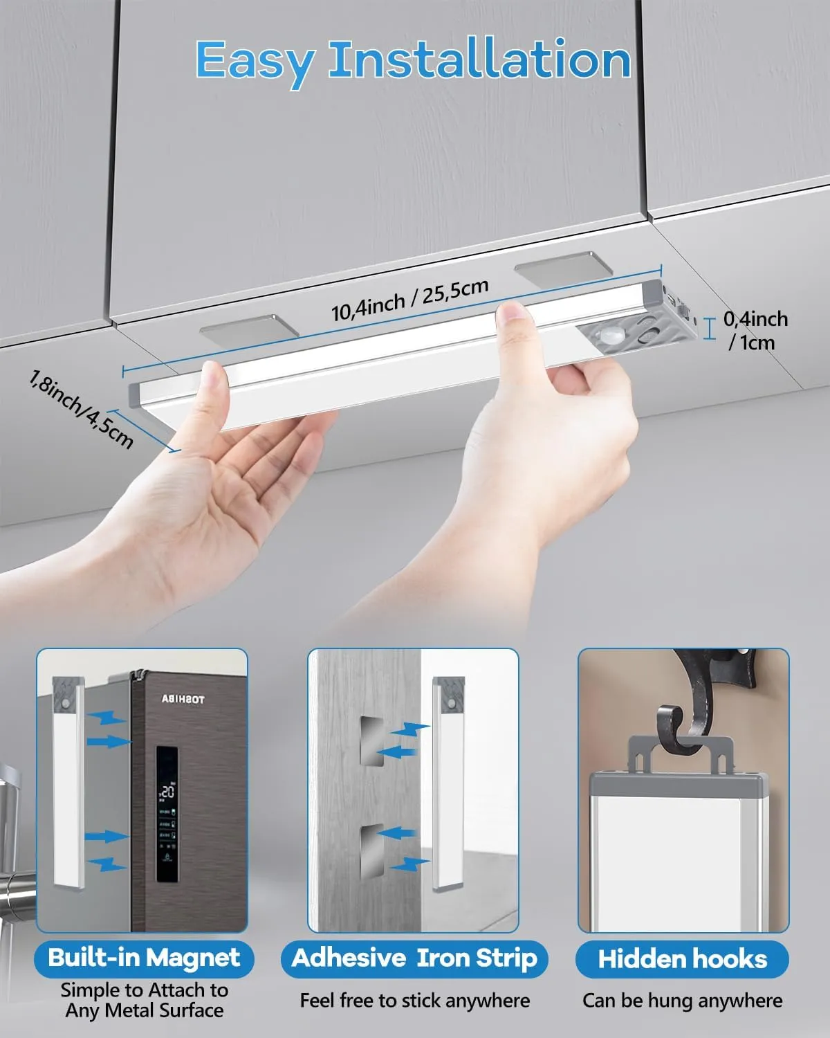 HIBOITEC Under Cabinet Lighting Rechargeable Closet Lights Wireless Motion Sensor Light Indoor, 50 LED Dimmable Magnetic Under Counter Light for Kitchen, Pantry, 2 Pack, Cool White Light, 10 inch