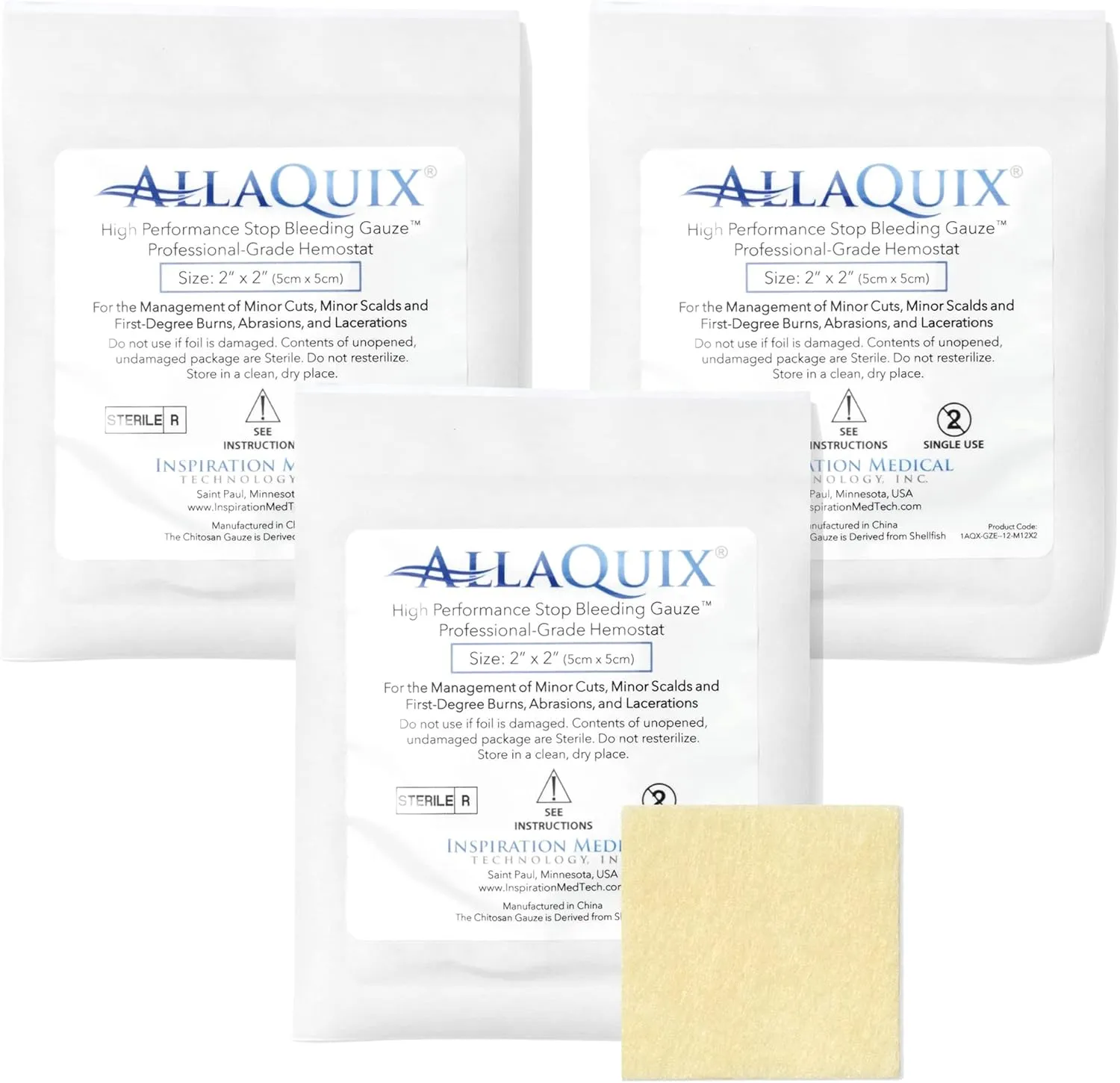 High Performance Stop Bleeding Gauze Pads – 3-Pack (2"x2") | Hemostatic Wound Dressing for Cuts & First Aid Kits | Sterile, Drug-Free, Fast Clotting Pads