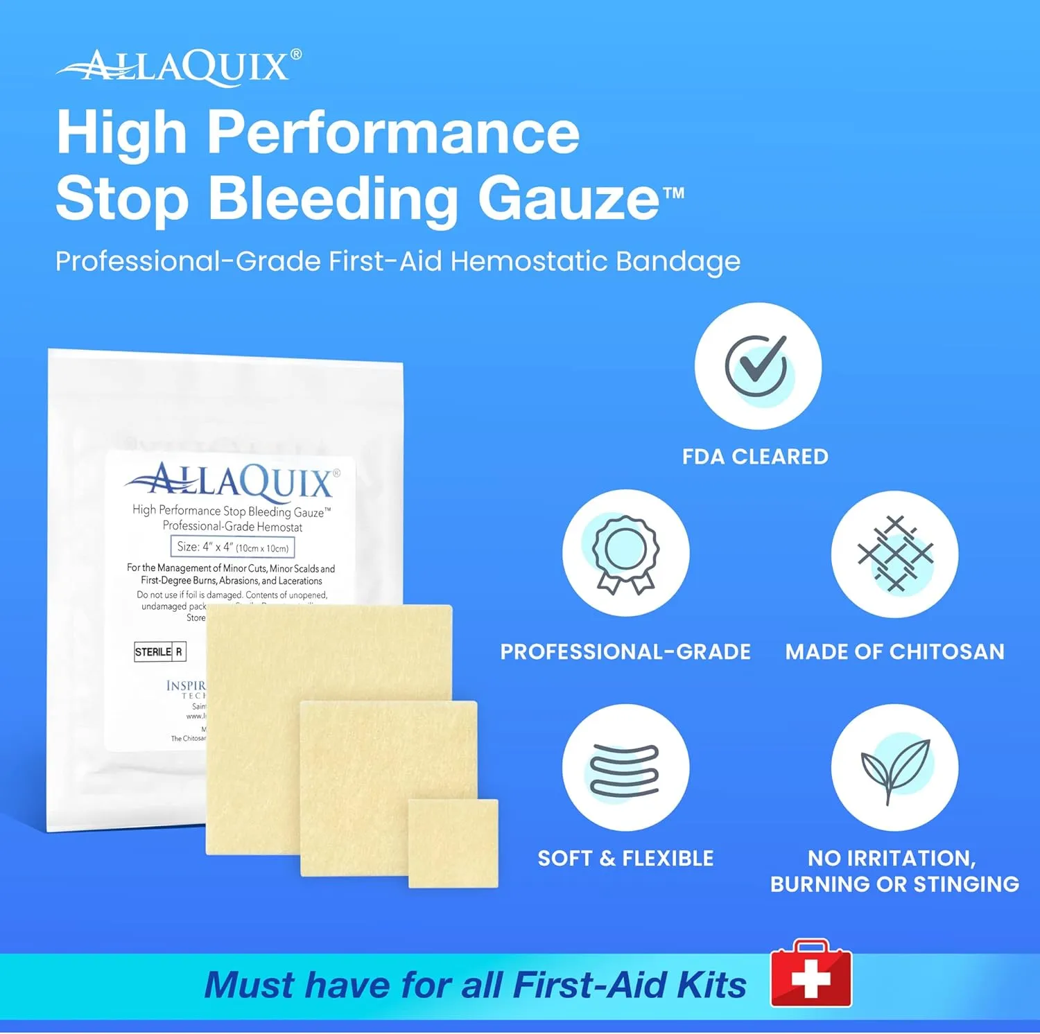 High Performance Stop Bleeding Gauze Pads – 3-Pack (2"x2") | Hemostatic Wound Dressing for Cuts & First Aid Kits | Sterile, Drug-Free, Fast Clotting Pads
