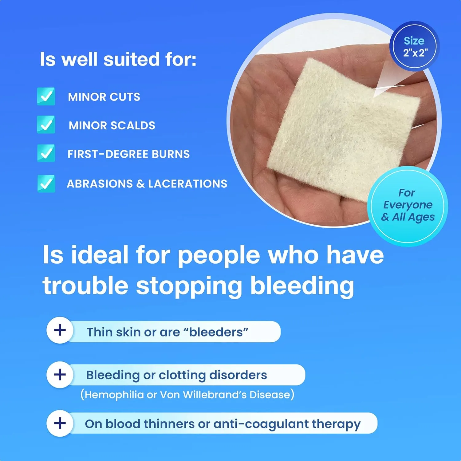 High Performance Stop Bleeding Gauze Pads – 3-Pack (2"x2") | Hemostatic Wound Dressing for Cuts & First Aid Kits | Sterile, Drug-Free, Fast Clotting Pads