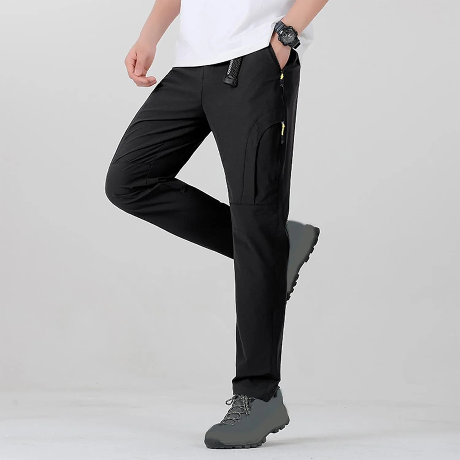 Hiking Pants Men with Belt 5 Zipper Pockets Waterproof Lightweight Quick Dry Travel Fishing Workout Pant Stretch Active