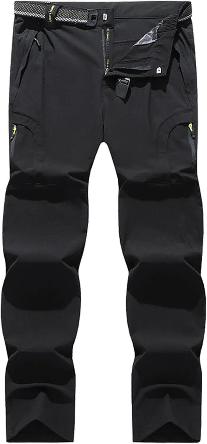 Hiking Pants Men with Belt 5 Zipper Pockets Waterproof Lightweight Quick Dry Travel Fishing Workout Pant Stretch Active