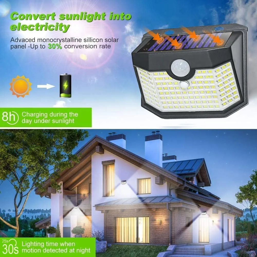 HMCITY 120 LED Outdoor Solar Lights with Motion Sensor and 3 Lighting Modes, IP65 Waterproof Wide Solar Wall Lights Ideal for Garden Patio Yard(8 Pack)