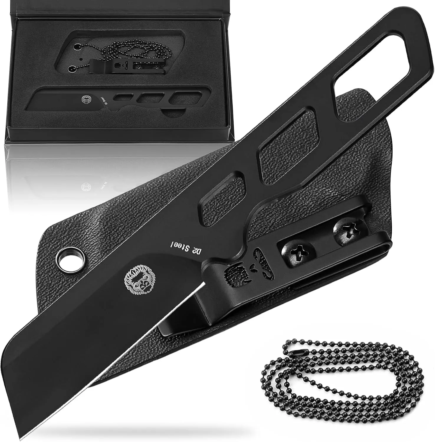 Holtzman's Gorilla Survival Razorback Neck Knife with Full Tang D2 Steel Blade, Sheath, and Belt Clip - EDC Tactical Survival Knife for Outdoor Adventures