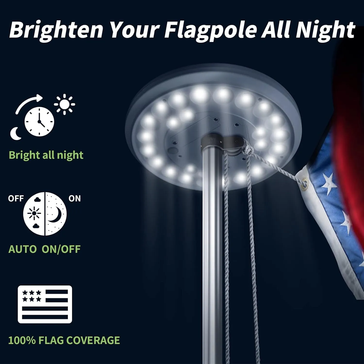 HOOPLE Flag Pole Light Solar Powered - Waterproof, Solar Flag Pole Light for 15 to 25 Ft In-Ground Flag Pole, Super Bright Flag Pole Solar Light from Dusk to Dawn for 12  Hours, Auto On/Off (26 LED)