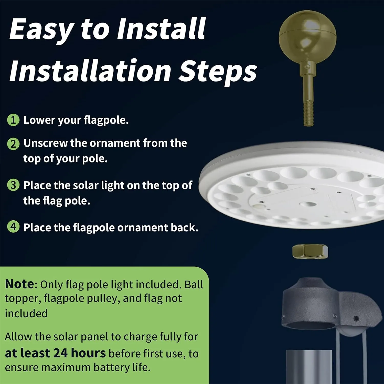 HOOPLE Flag Pole Light Solar Powered - Waterproof, Solar Flag Pole Light for 15 to 25 Ft In-Ground Flag Pole, Super Bright Flag Pole Solar Light from Dusk to Dawn for 12  Hours, Auto On/Off (26 LED)