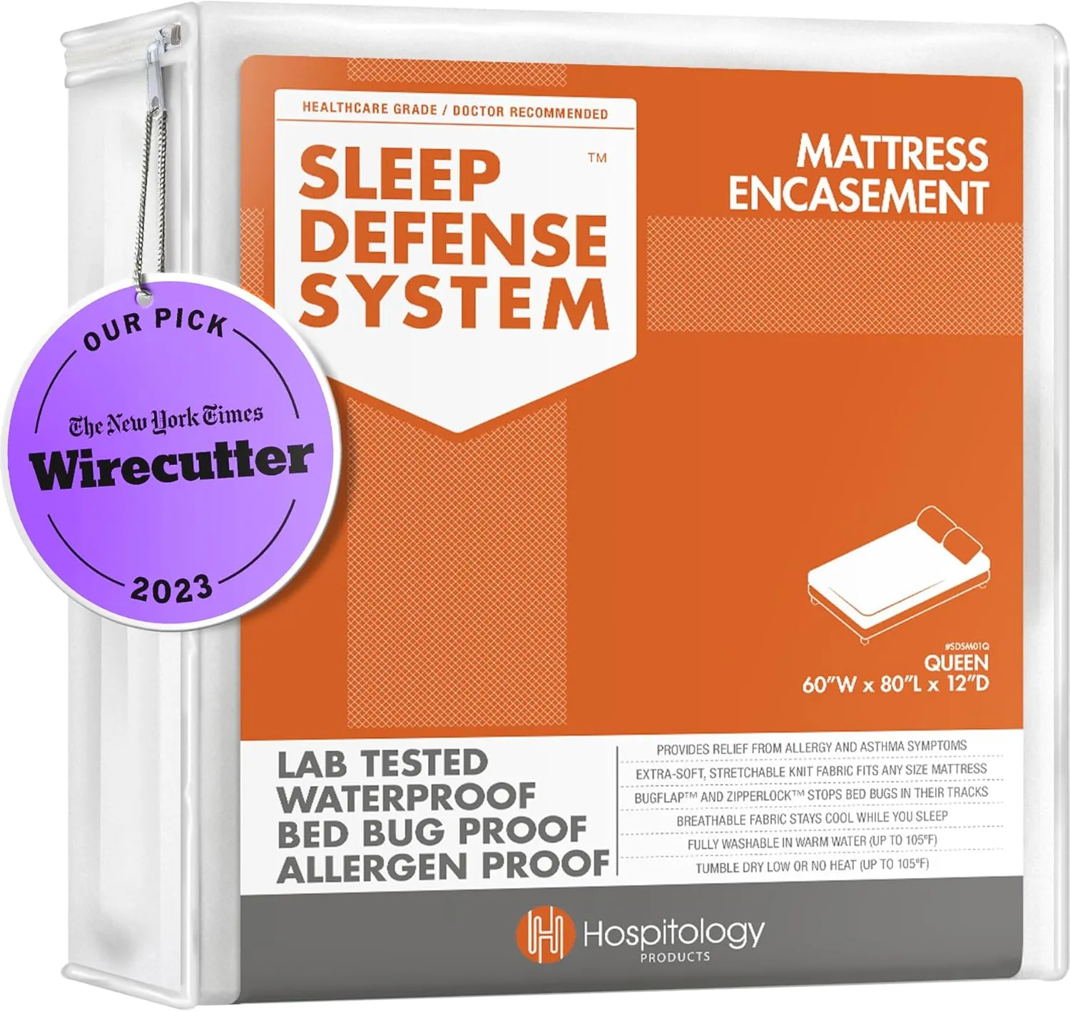 HOSPITOLOGY PRODUCTS Mattress Encasement - Zippered Bed Bug Dust Mite Proof Hypoallergenic - Sleep Defense System - Queen - Waterproof - Stretchable - Standard 12" Depth - 60" W x 80" L