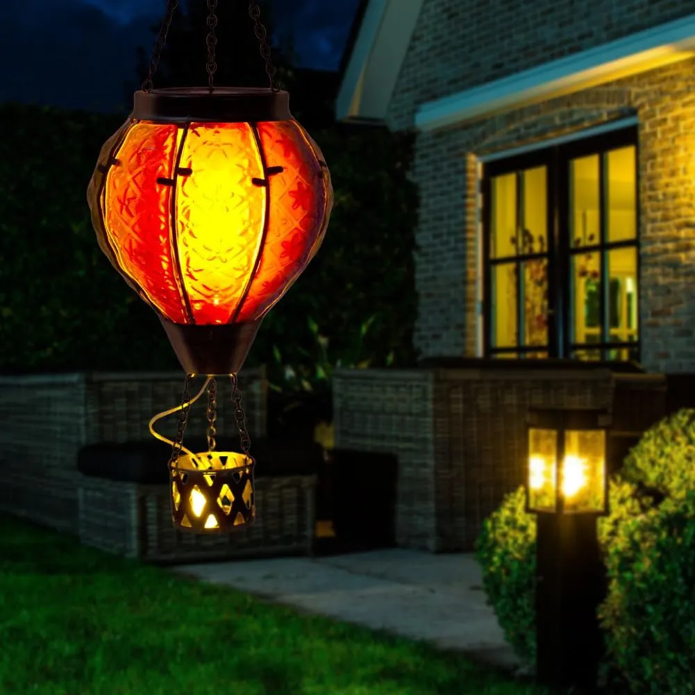 Hot Air Balloon Solar Lantern with Flame Flickering Light LED Glass Hanging Solar Lanterns Outdoor Waterproof Garden Light for Patio Tree Porch Yard Decor Mother’s Day Gift for Women Mom