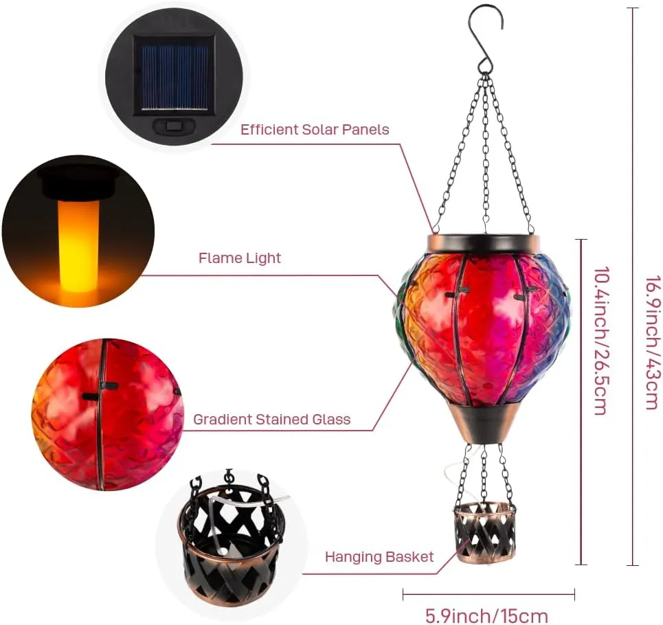 Hot Air Balloon Solar Lantern with Flame Flickering Light LED Glass Hanging Solar Lanterns Outdoor Waterproof Garden Light for Patio Tree Porch Yard Decor Mother’s Day Gift for Women Mom