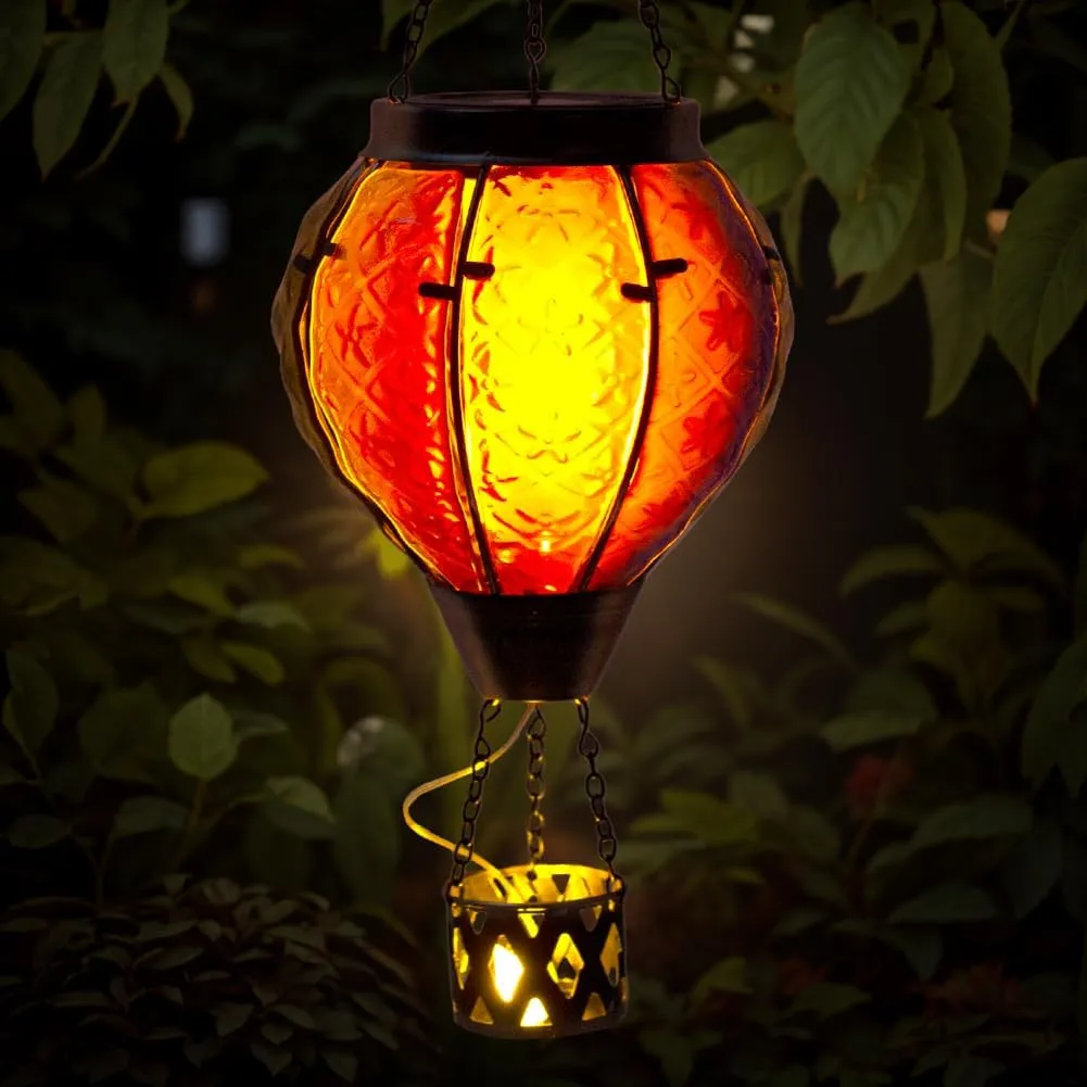 Hot Air Balloon Solar Lantern with Flame Flickering Light LED Glass Hanging Solar Lanterns Outdoor Waterproof Garden Light for Patio Tree Porch Yard Decor Mother’s Day Gift for Women Mom