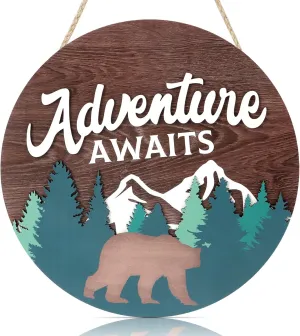 HOURIA The Adventure Awaits Wood Hanging Sign,Forest Bear Cabin Decor,Mountain Classroom Decor,Woodland Nursery Decor,Camping Sign(12”X 12”)