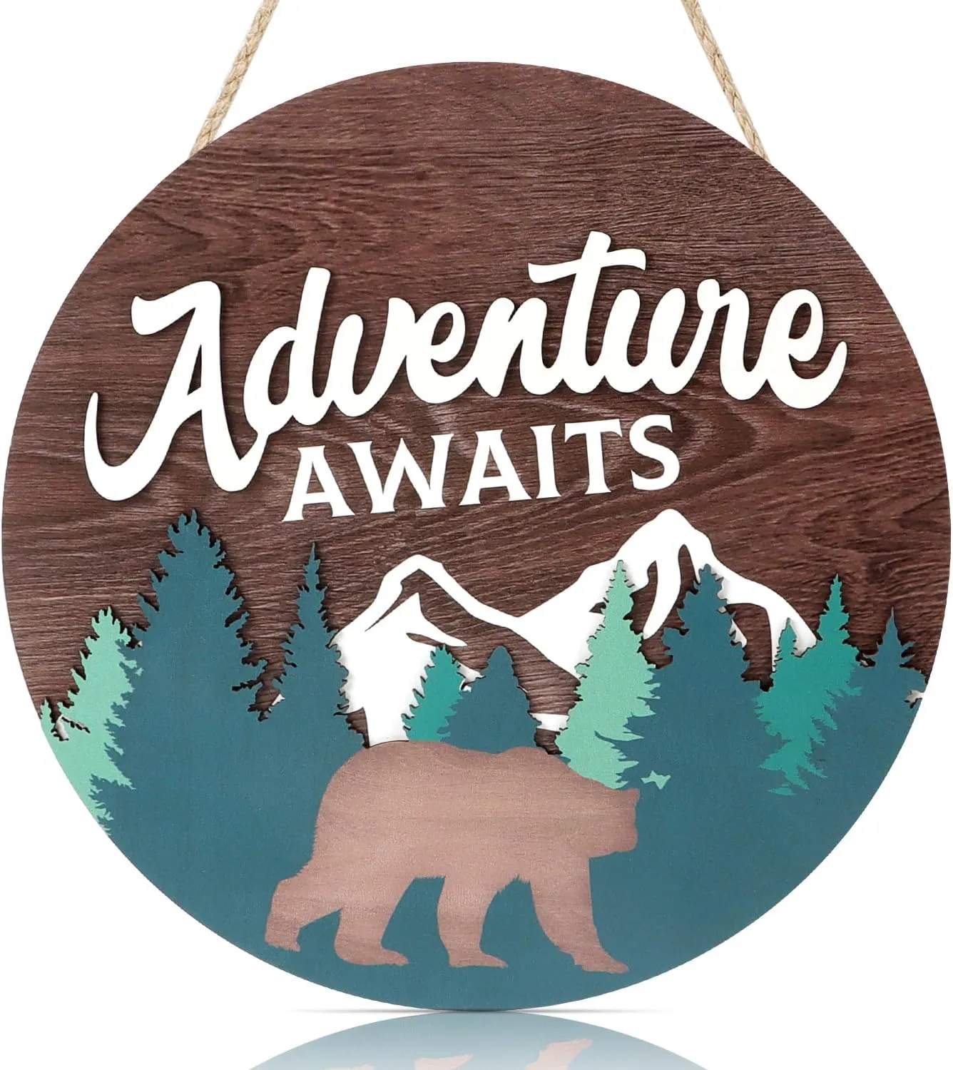 HOURIA The Adventure Awaits Wood Hanging Sign,Forest Bear Cabin Decor,Mountain Classroom Decor,Woodland Nursery Decor,Camping Sign(12”X 12”)
