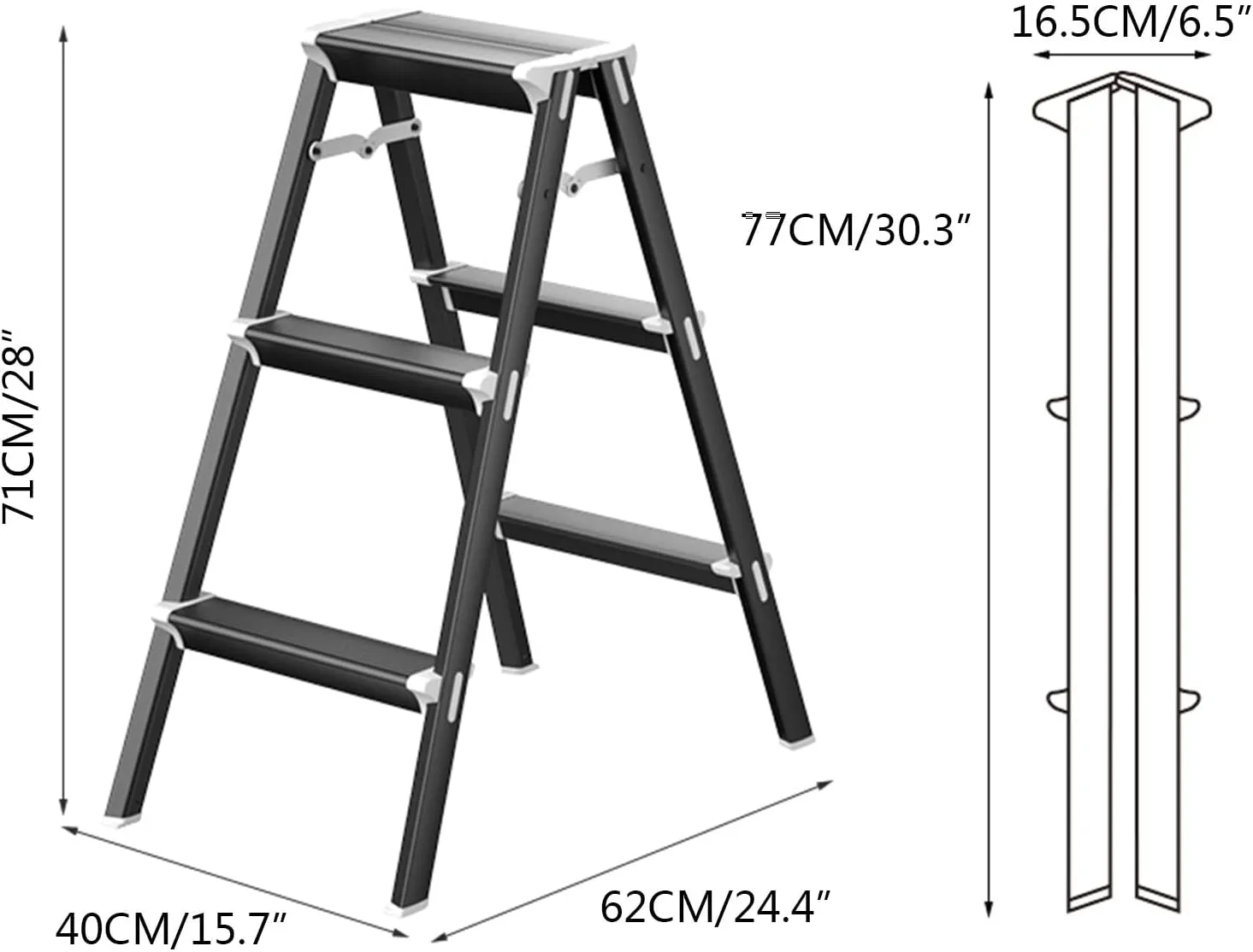 Household Herringbone Ladder Multifunctional Double Sided Step Stool Foldable Portable Ladder Thickened Aluminum Alloy Shelf, Black/White (Color : Black, Size : 3-Step Ladder)