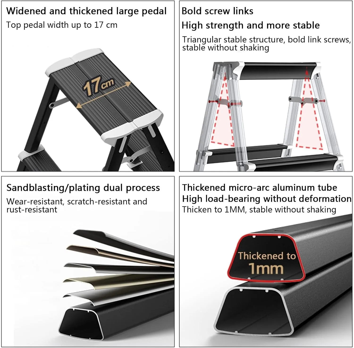Household Herringbone Ladder Multifunctional Double Sided Step Stool Foldable Portable Ladder Thickened Aluminum Alloy Shelf, Black/White (Color : Black, Size : 3-Step Ladder)