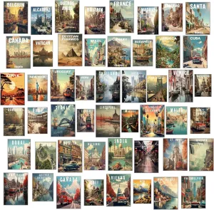 HT LIFE Vintage Travel City Posters Collage Kit For Wall, 50 Pcs 4x6,Retro Style Room Dorm Decor Young Girl Boy World Art Postercard,City Wall Art for Aesthetic Room Decor (Collage Kit A, 4x6 Inch)