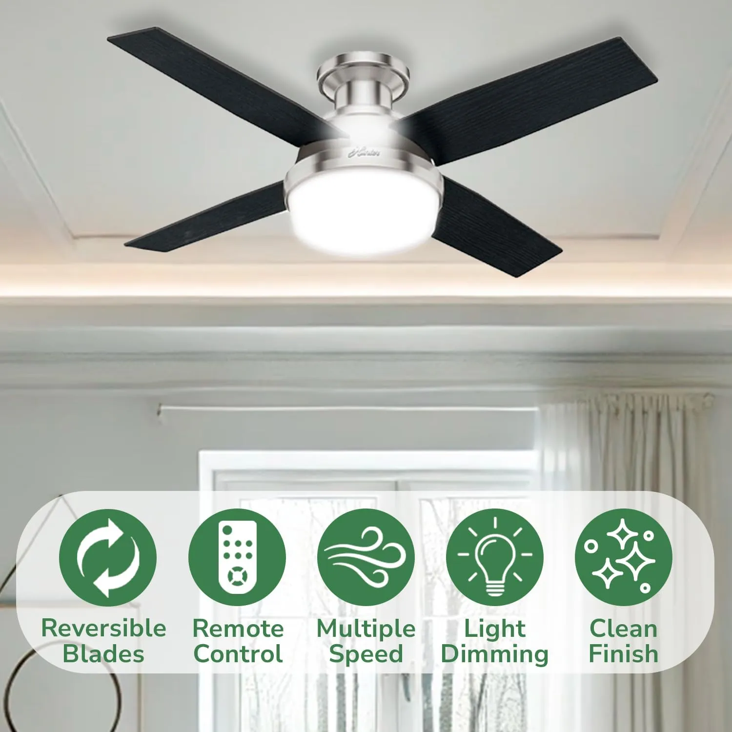 Hunter Fan Dempsey Low Profile Ceiling Fans with Lights and Remote, Flush Mount Ceiling Fan with Lights, Metal, Brushed Nickel Finish, 44 Inch LED