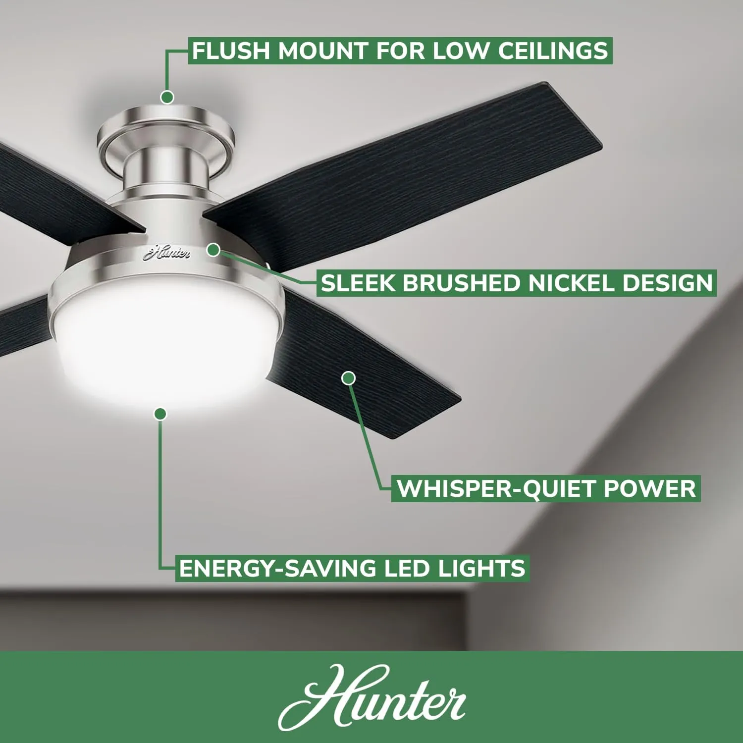 Hunter Fan Dempsey Low Profile Ceiling Fans with Lights and Remote, Flush Mount Ceiling Fan with Lights, Metal, Brushed Nickel Finish, 44 Inch LED