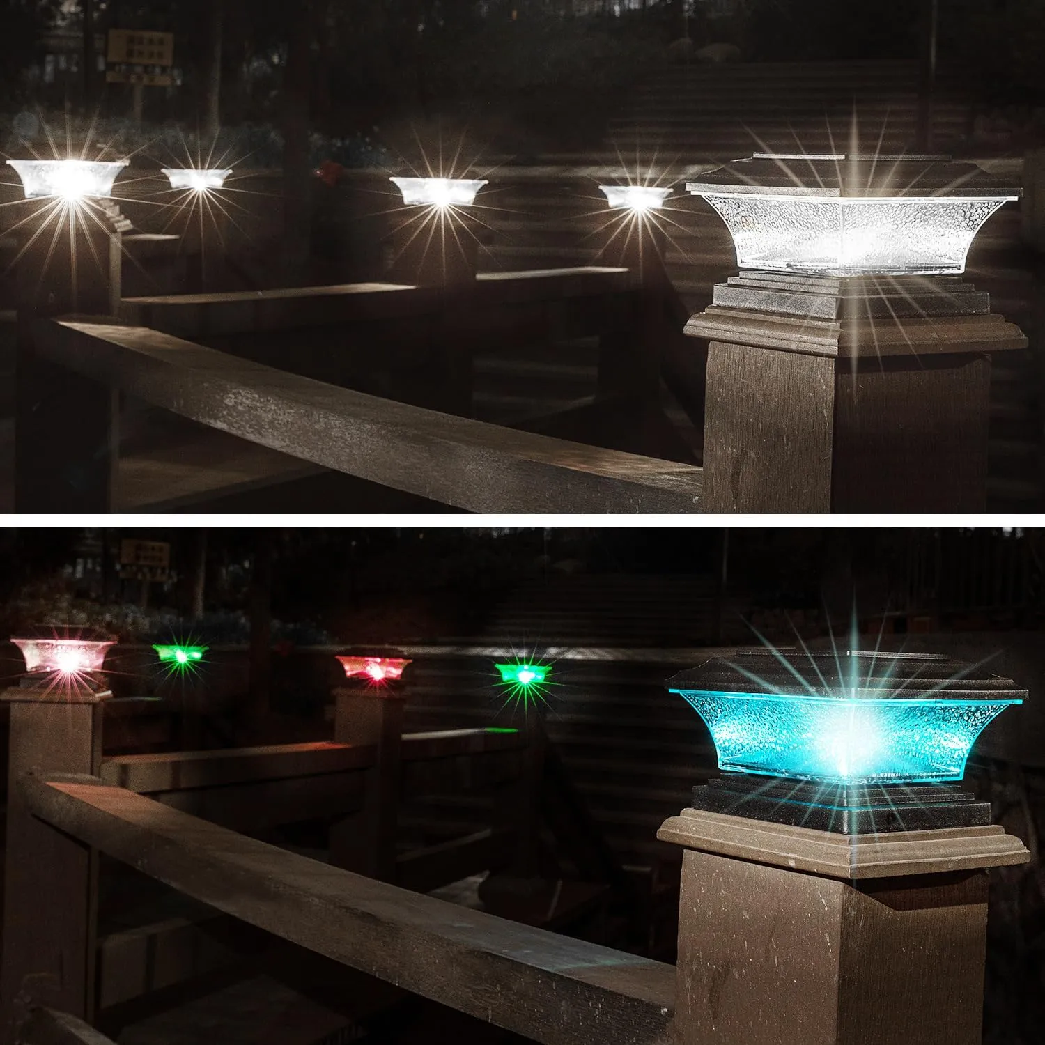 HUYIENO Solar Post Cap Lights Outdoor LED Lighting Deck Fence Light Two Modes Warm White/7 RGB Color Changing Suitable for 4x4 5x5 Wooden Posts (Black, 8pk), HY1238