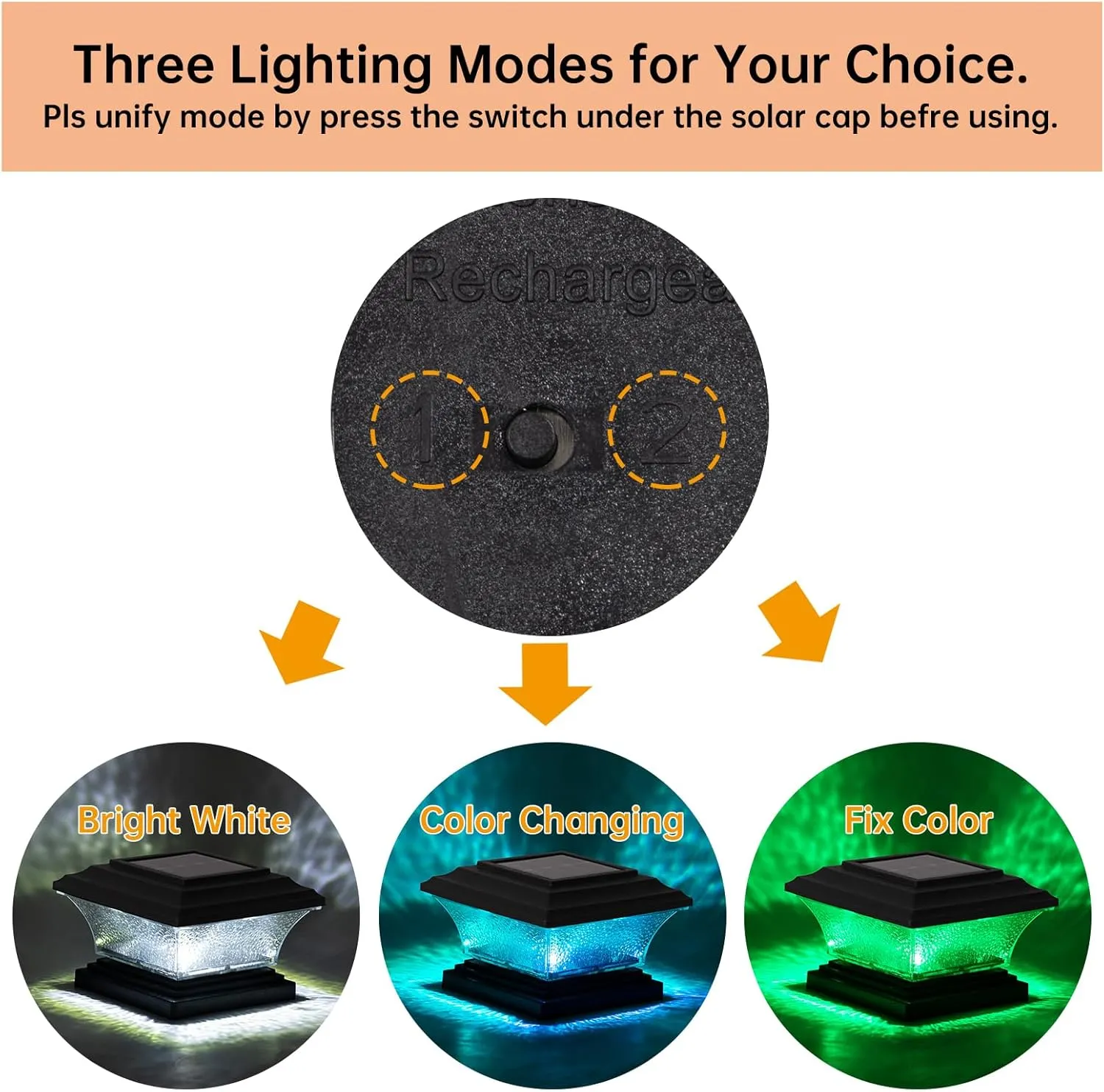 HUYIENO Solar Post Cap Lights Outdoor LED Lighting Deck Fence Light Two Modes Warm White/7 RGB Color Changing Suitable for 4x4 5x5 Wooden Posts (Black, 8pk), HY1238