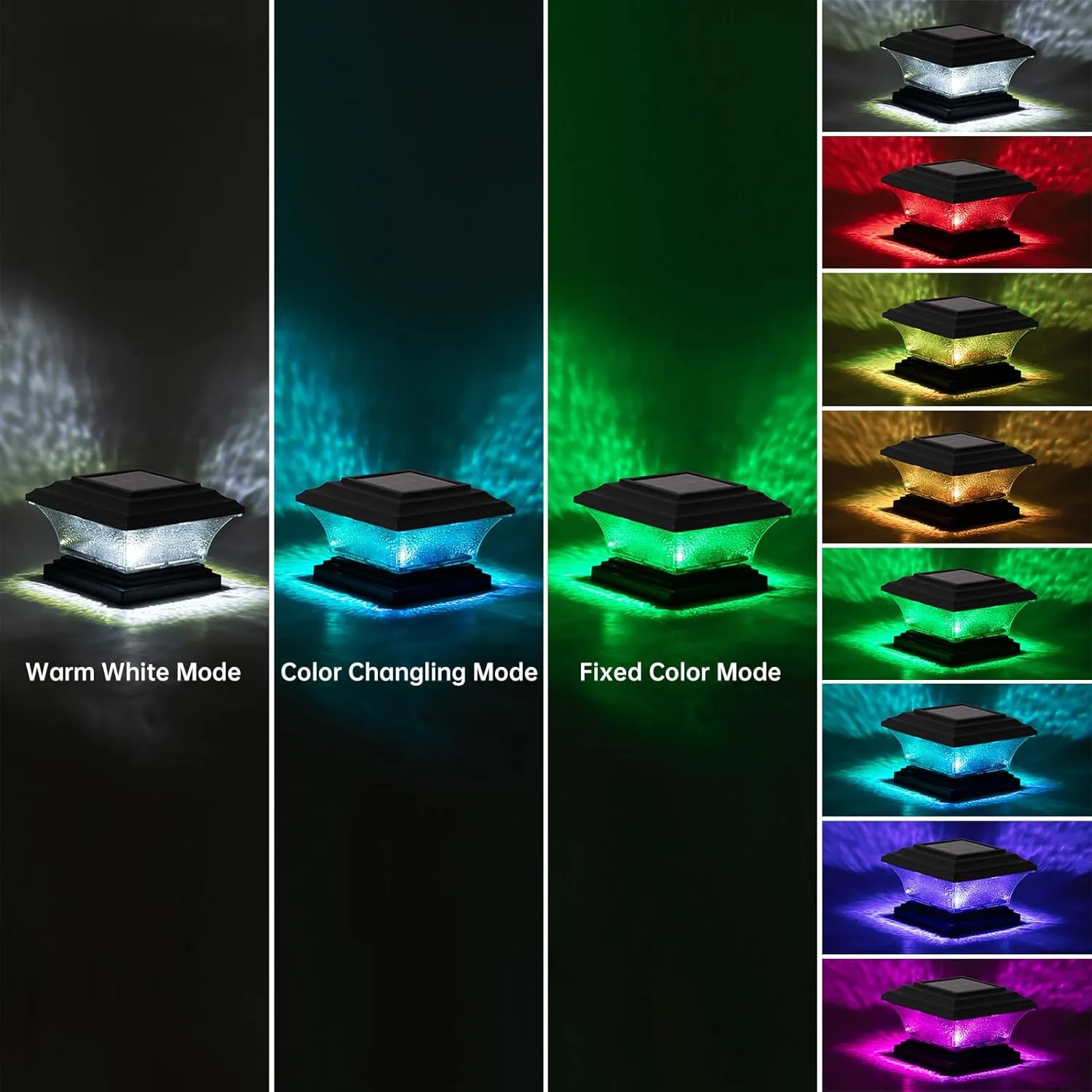 HUYIENO Solar Post Cap Lights Outdoor LED Lighting Deck Fence Light Two Modes Warm White/7 RGB Color Changing Suitable for 4x4 5x5 Wooden Posts (Black, 8pk), HY1238