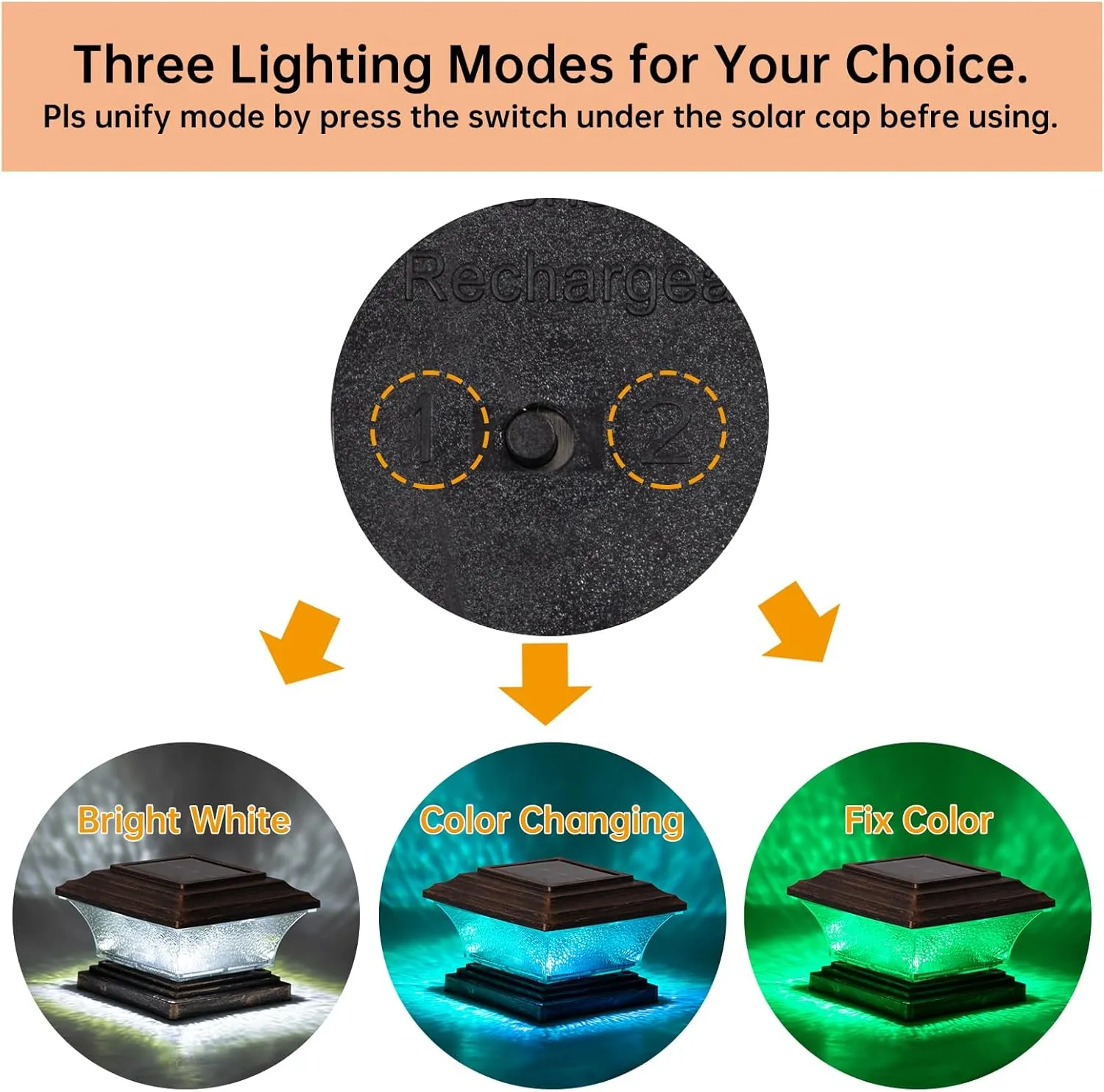 HUYIENO Solar Post Cap Lights Outdoor LED Lighting Deck Fence Light Two Modes Warm White/7 RGB Color Changing Suitable for 4x4 5x5 Wooden Posts (Brushed Copper, 8pk), HY1238