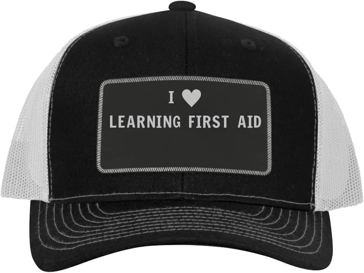 I Heart Love Learning First Aid - Leather Black Patch Engraved Trucker Hat