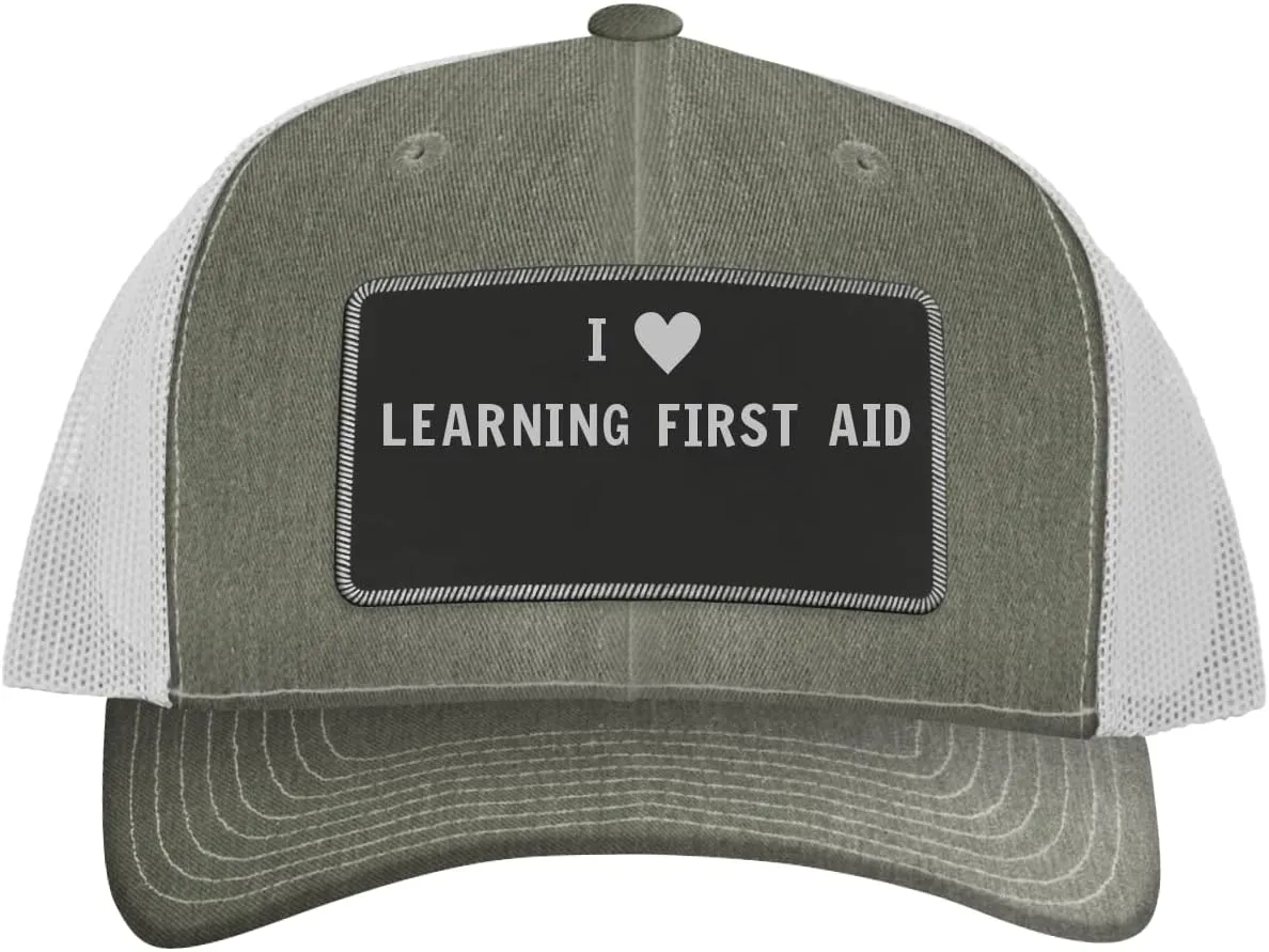 I Heart Love Learning First Aid - Leather Black Patch Engraved Trucker Hat