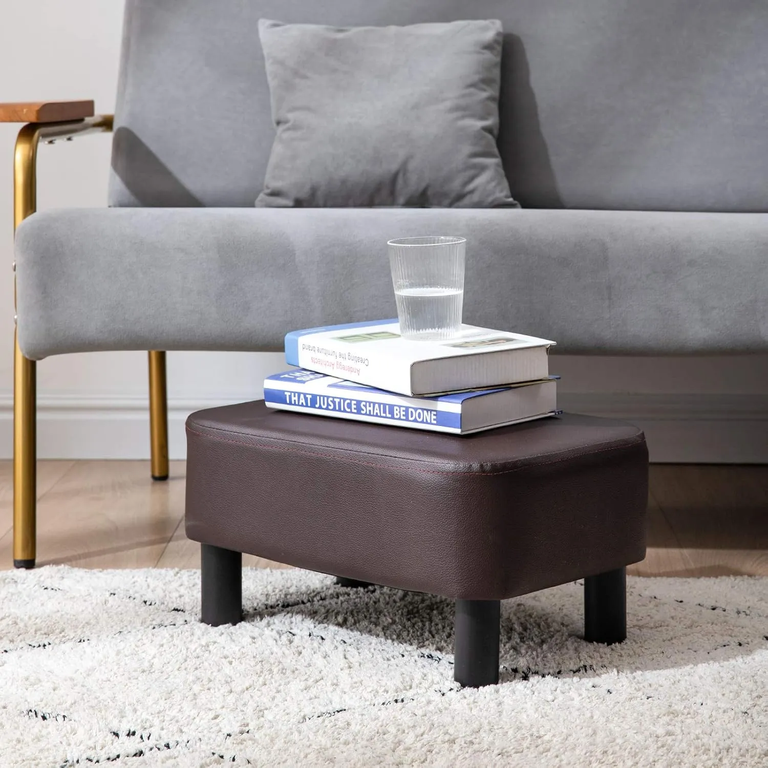 IBUYKE 16.54" Small Footstool, PU Faux Leather Step Stool, with Padded Seat Pine Wood Legs and Padded Rectangular Stool, for Bedroom, Brown RF-BD209