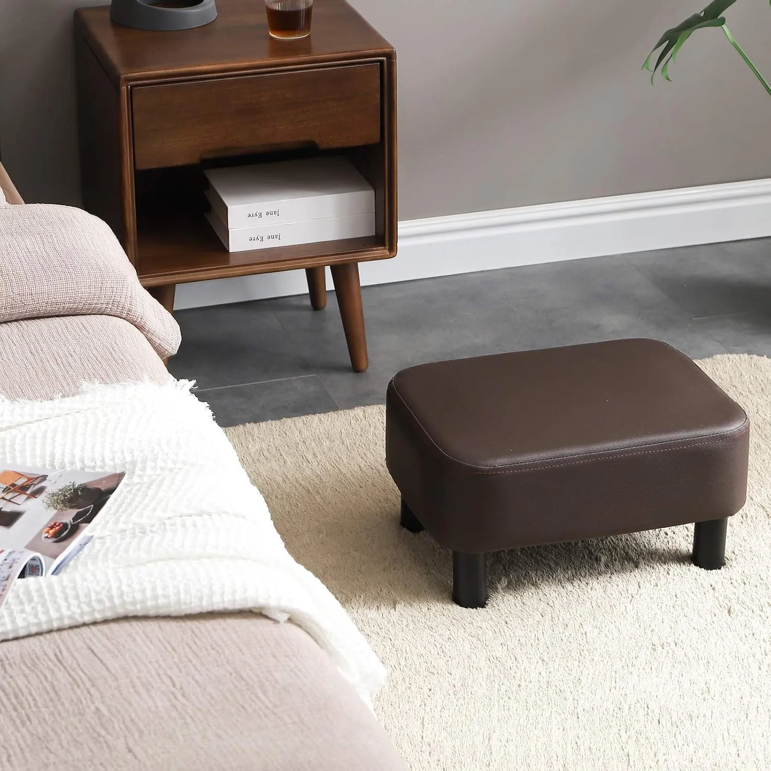 IBUYKE 16.54" Small Footstool, PU Faux Leather Step Stool, with Padded Seat Pine Wood Legs and Padded Rectangular Stool, for Bedroom, Brown RF-BD209