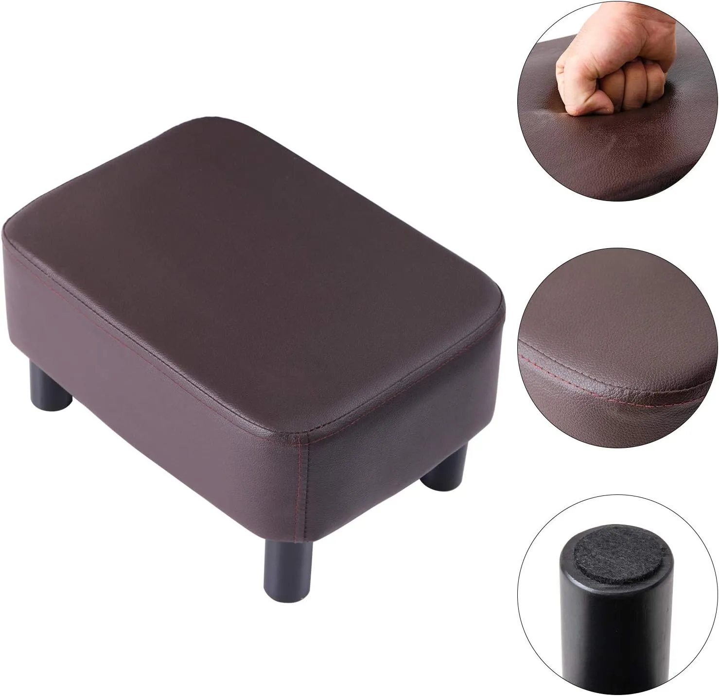 IBUYKE 16.54" Small Footstool, PU Faux Leather Step Stool, with Padded Seat Pine Wood Legs and Padded Rectangular Stool, for Bedroom, Brown RF-BD209