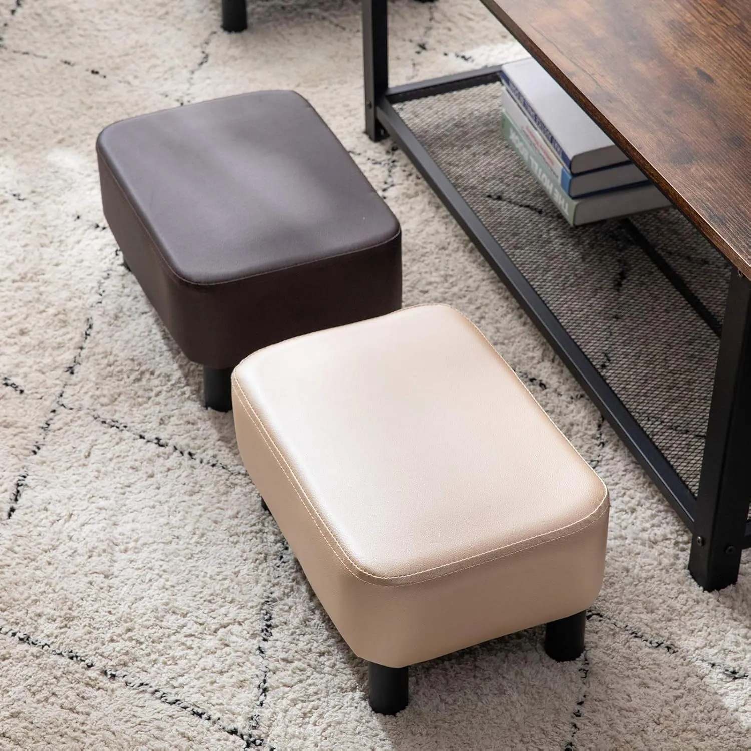 IBUYKE 16.54" Small Footstool, PU Faux Leather Step Stool, with Padded Seat Pine Wood Legs and Padded Rectangular Stool, for Bedroom, Brown RF-BD209