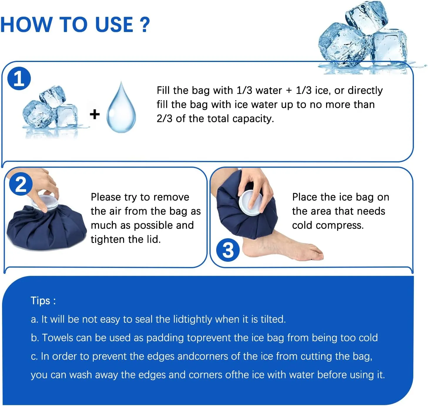 Ice Bag for Injuries, First-Aid Pain Relief, Refillable Ice Bags for Teeth, Knees, Menstrual, Shoulders, Headaches, Cold & Hot Therapy Water Bags, Reusable Cold Packs (Black 6"/9"/11" Wrap)