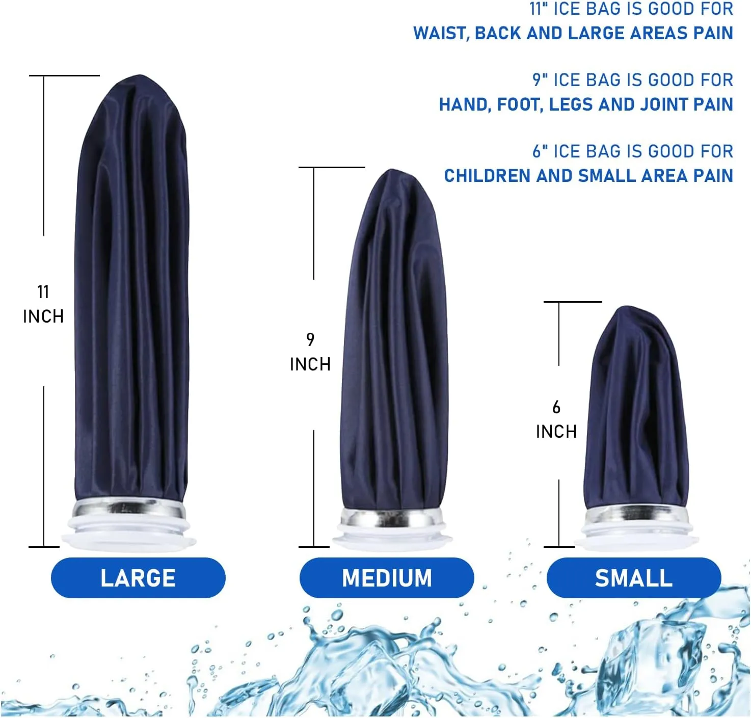 Ice Bag for Injuries, First-Aid Pain Relief, Refillable Ice Bags for Teeth, Knees, Menstrual, Shoulders, Headaches, Cold & Hot Therapy Water Bags, Reusable Cold Packs (Black 6"/9"/11" Wrap)