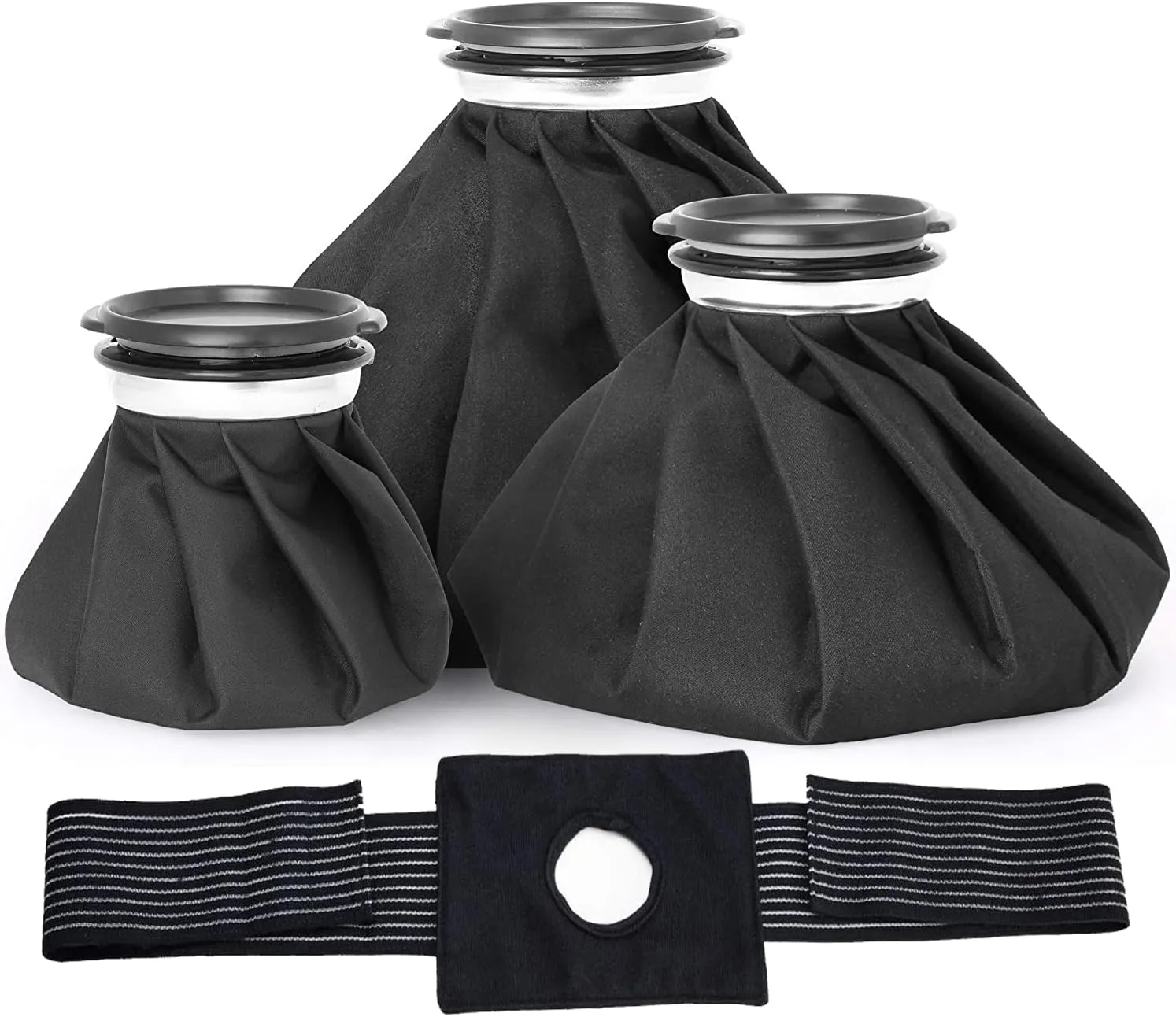 Ice Bag for Injuries, First-Aid Pain Relief, Refillable Ice Bags for Teeth, Knees, Menstrual, Shoulders, Headaches, Cold & Hot Therapy Water Bags, Reusable Cold Packs (Black 6"/9"/11" Wrap)