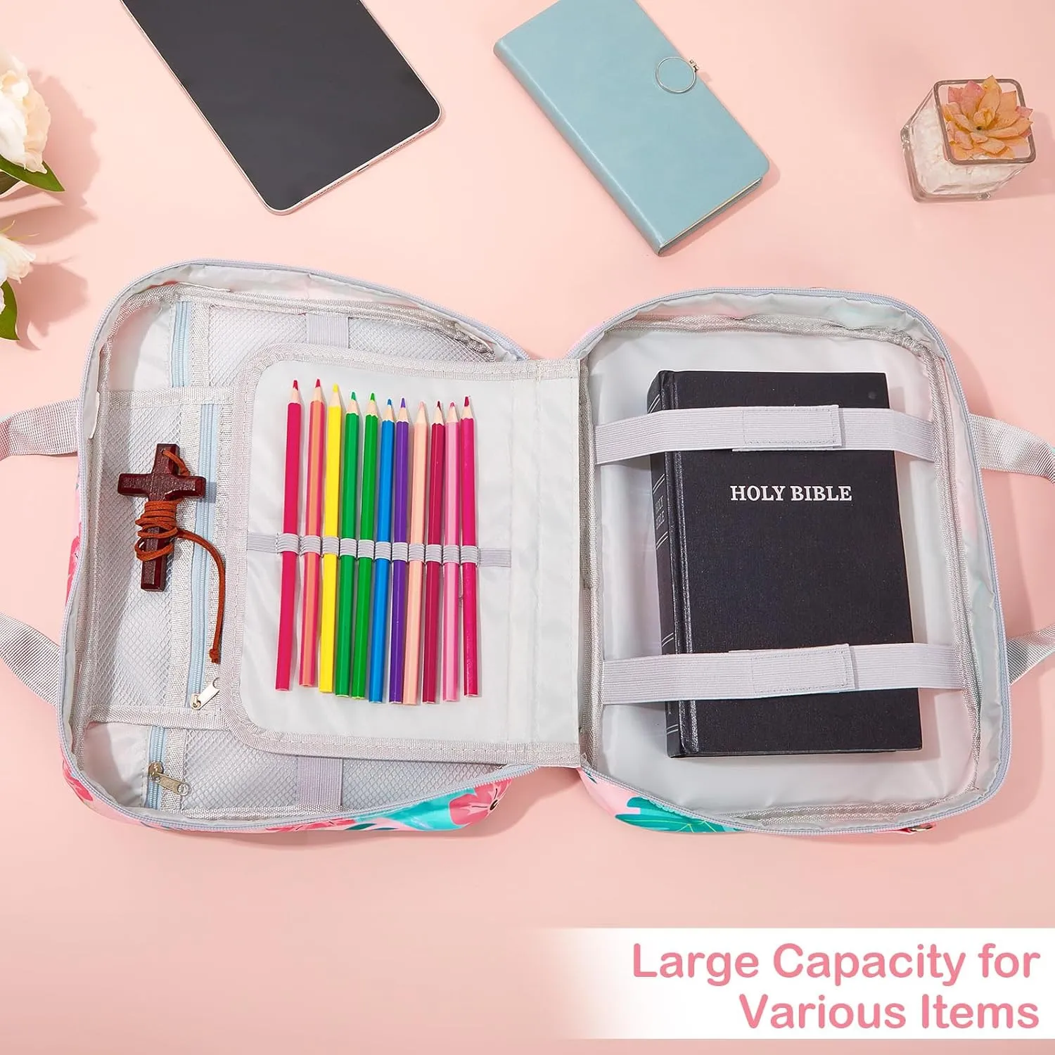ICOSY Bible Cover Case for Women Girls, Bible Cover Large Bible Bag with Detachable Shoulder Strap for Bible Study Supplies