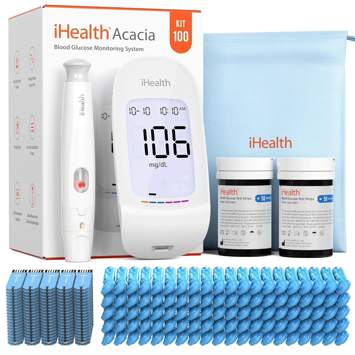 iHealth Acacia Blood Glucose Monitor Kit, 100 Glucometer Strips, 100 Lancets, 1 Blood Sugar Monitor, 1 Lancing Device, 1 Travel Bag, No Coding, Portable Blood Sugar Testing Kit, Diabetes Testing