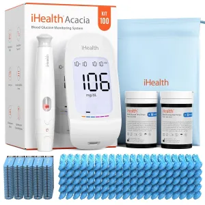 iHealth Acacia Blood Glucose Monitor Kit, 100 Glucometer Strips, 100 Lancets, 1 Blood Sugar Monitor, 1 Lancing Device, 1 Travel Bag, No Coding, Portable Blood Sugar Testing Kit, Diabetes Testing